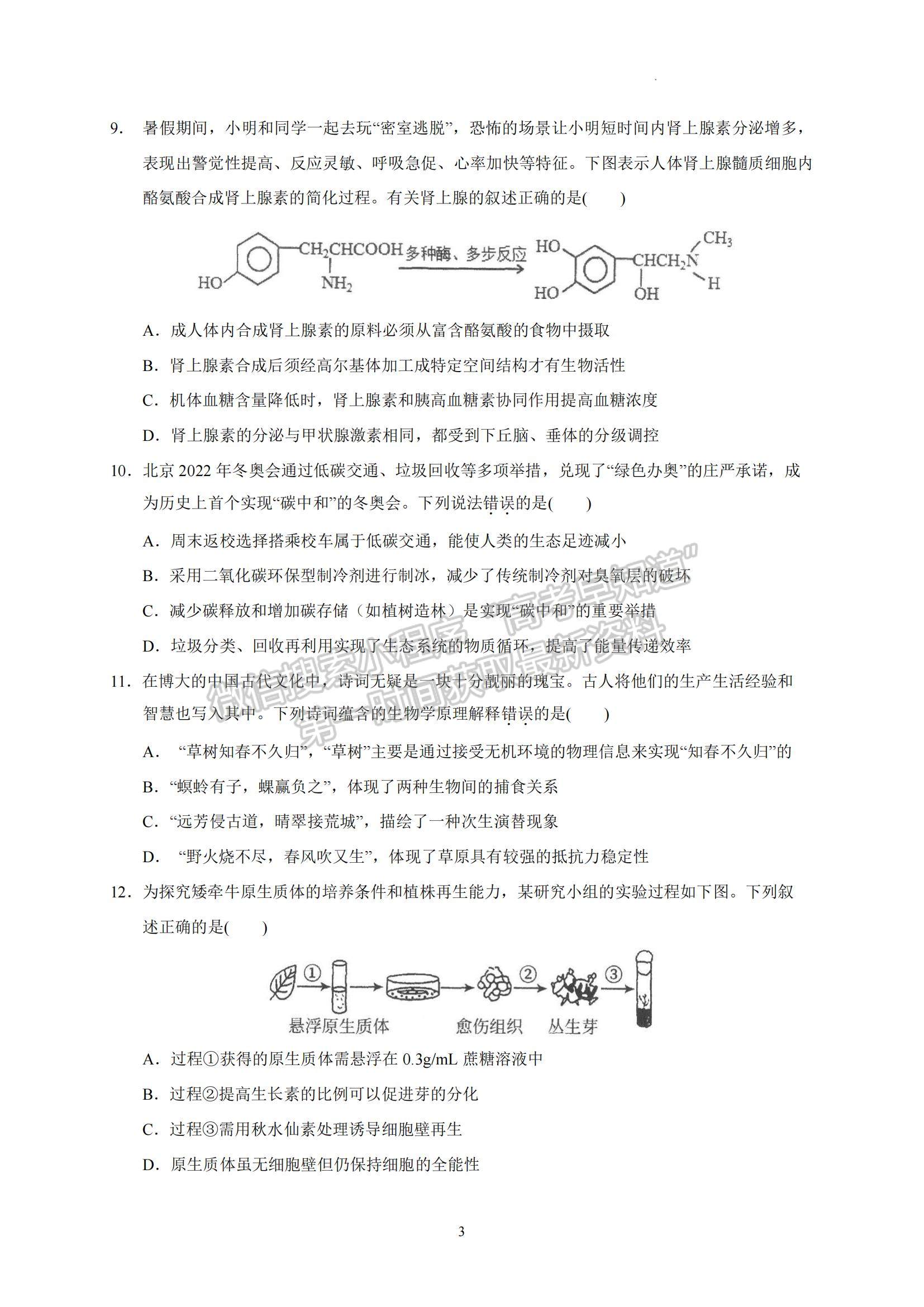 2023廣東省汕頭市金山中學高三上學期摸底考試生物試題及參考答案