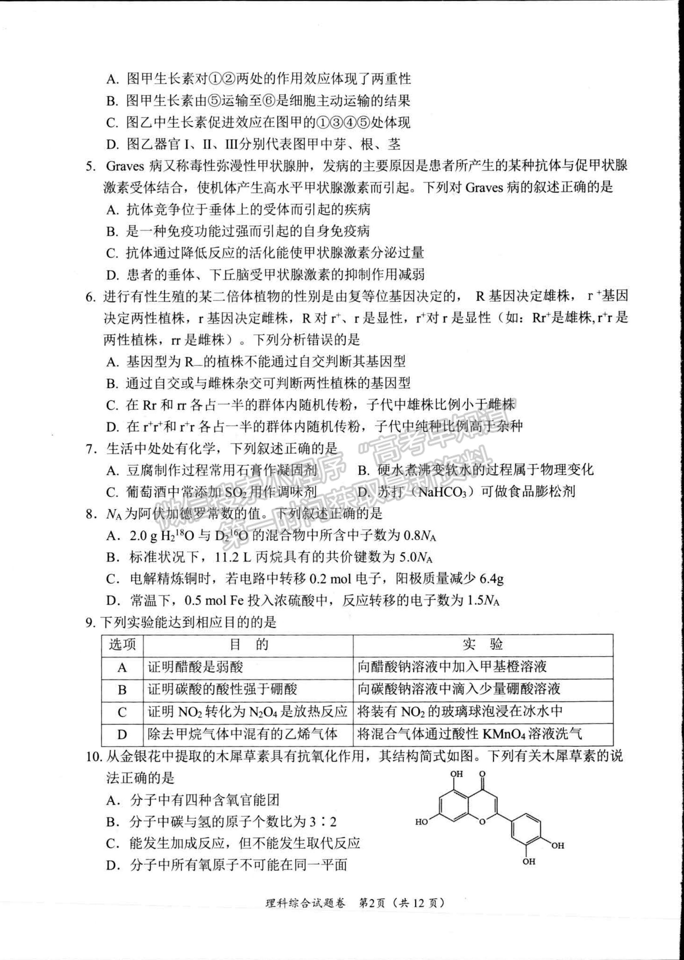 2023四川省綿陽市高中2020級第三次診斷性考試理科綜合試卷及答案