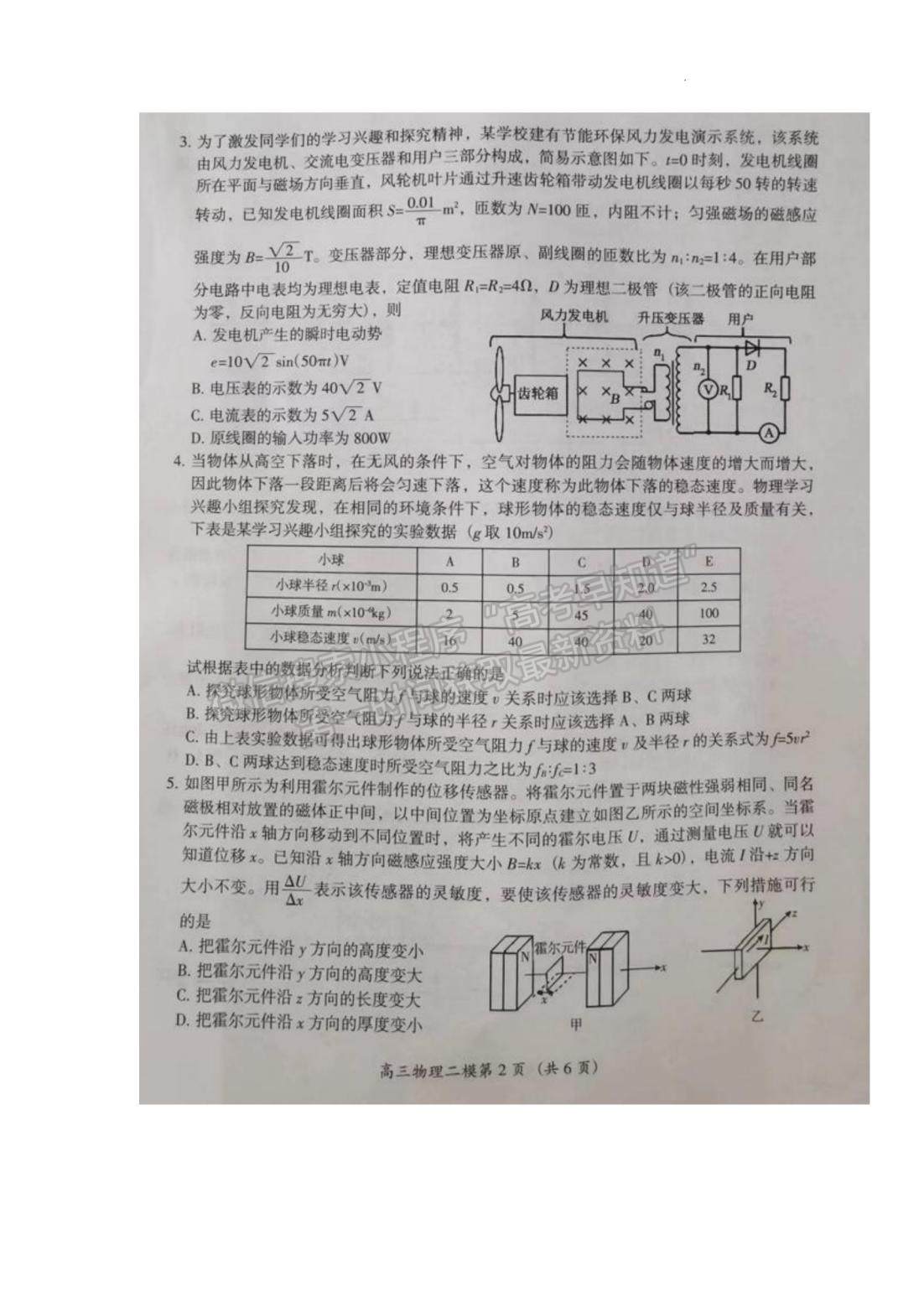 2023年湖南懷化市上期高三二模仿真考試物理試卷及參考答案