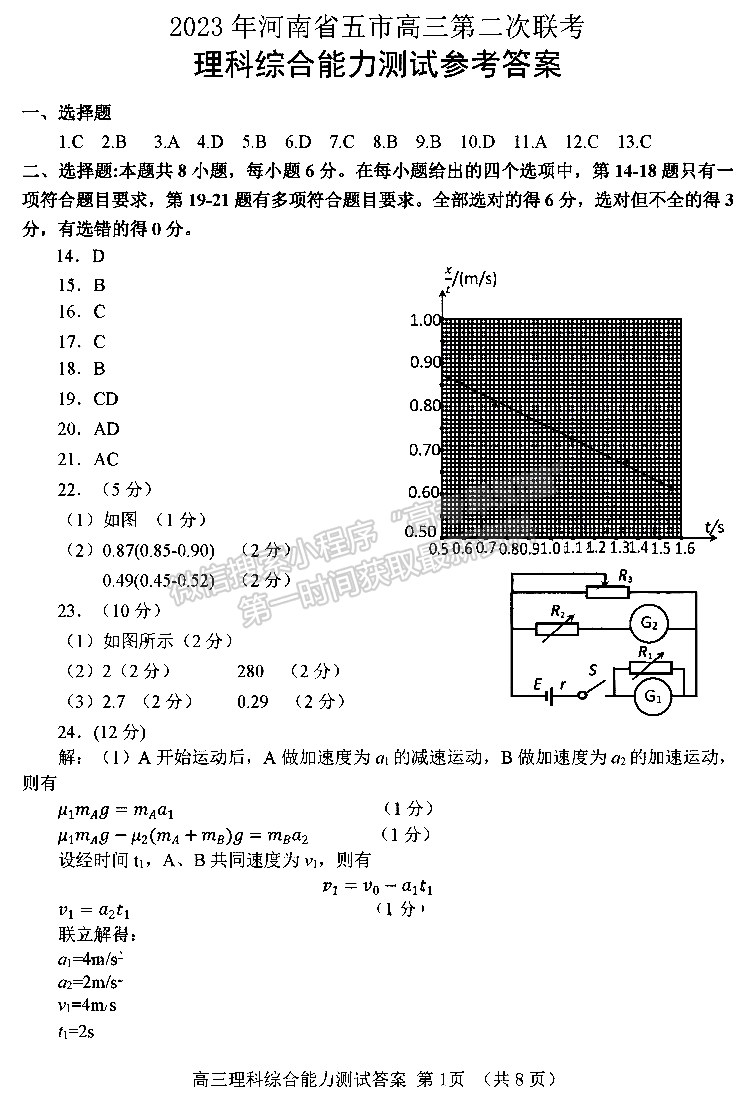 2023河南五地市高三下學(xué)期第二次聯(lián)考理綜試題及參考答案