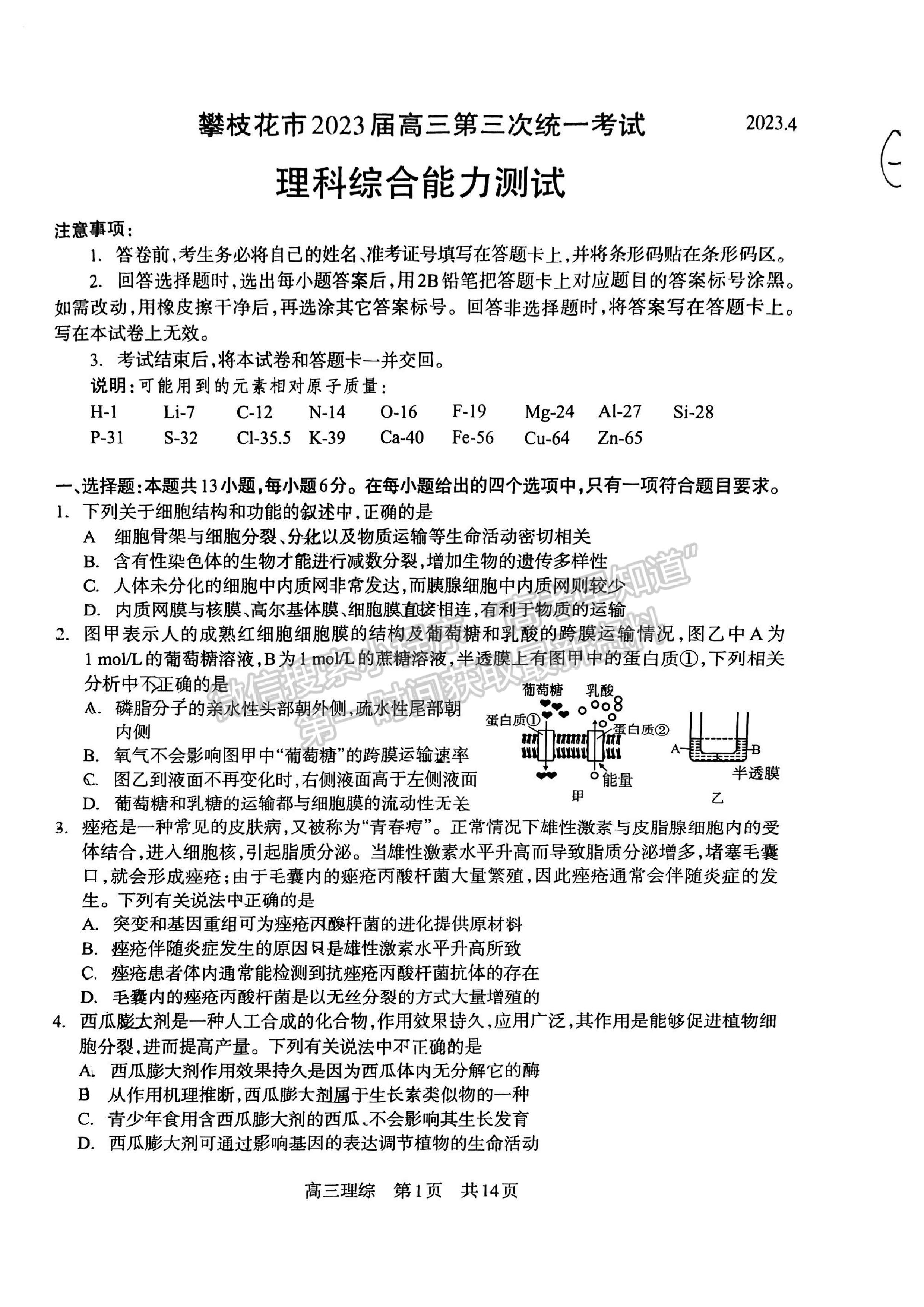 2023四川省攀枝花市2023届高三第三次统一考试理科综合试题及答案