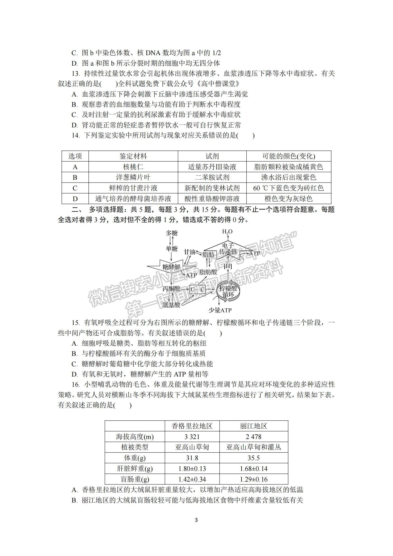 2023江蘇省蘇州市高三下學(xué)期2月開學(xué)摸底考試生物試題及參考答案