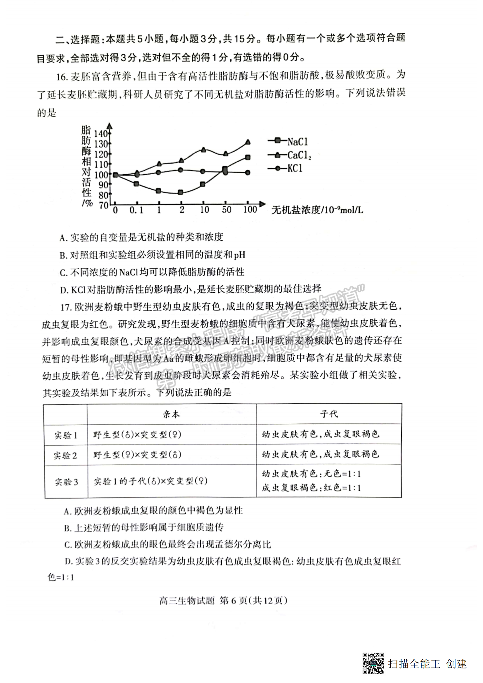 2023山東省泰安市二模-生物試卷及答案