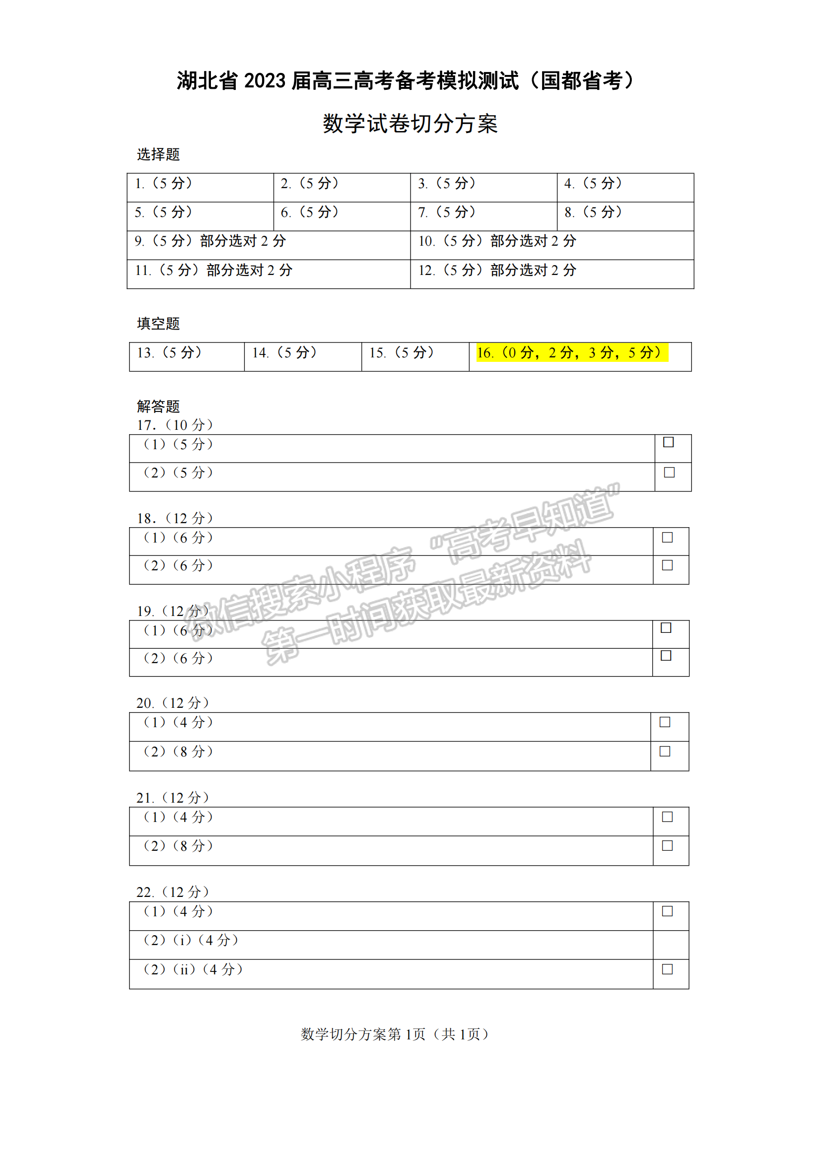 湖北省2023屆高三5月國都省考模擬測試數(shù)學試卷及參考答案