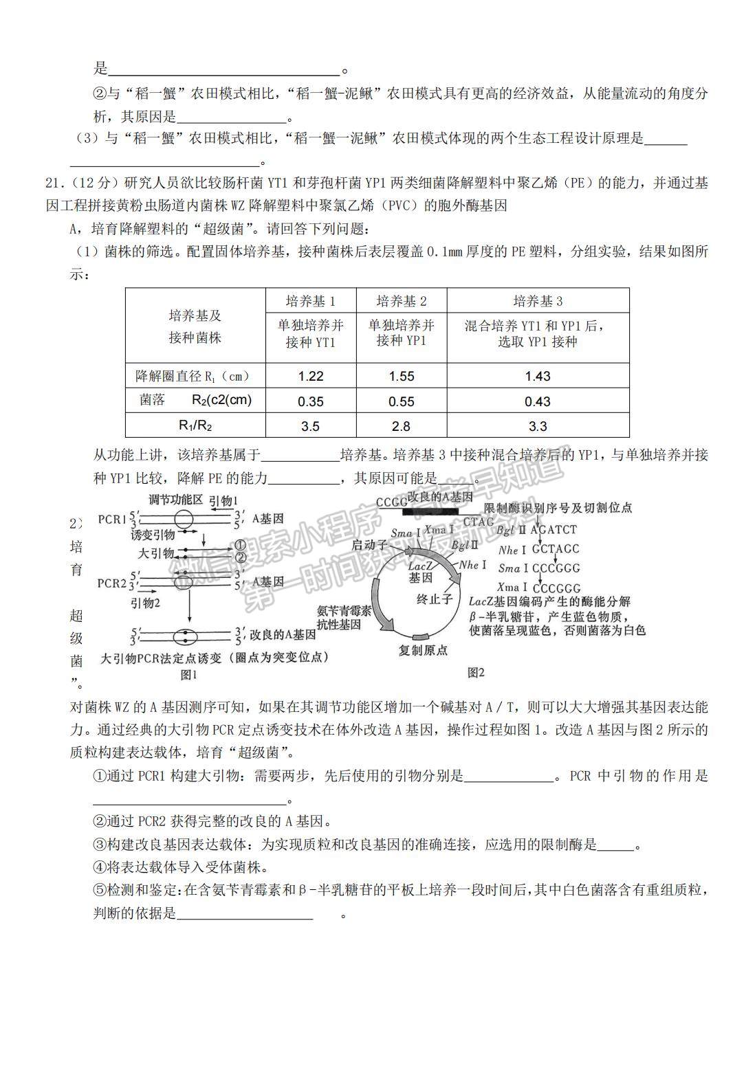 2023屆長(zhǎng)郡中學(xué)模擬試卷(一)生物試卷及參考答案