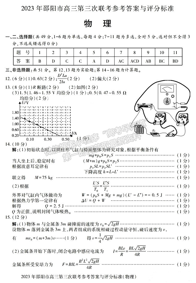 2023年邵陽市高三第三次聯(lián)考物理試卷及參考答案