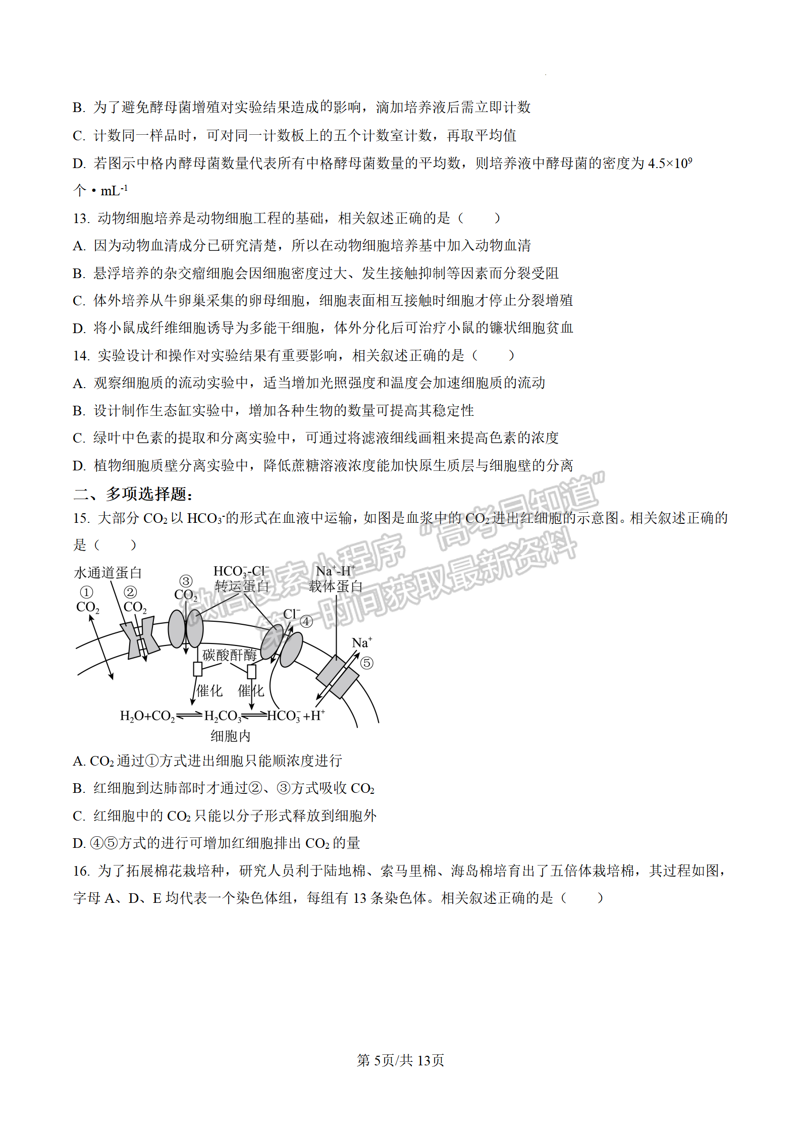 2023屆江蘇高三4月決勝新高考大聯(lián)考生物試題及參考答案