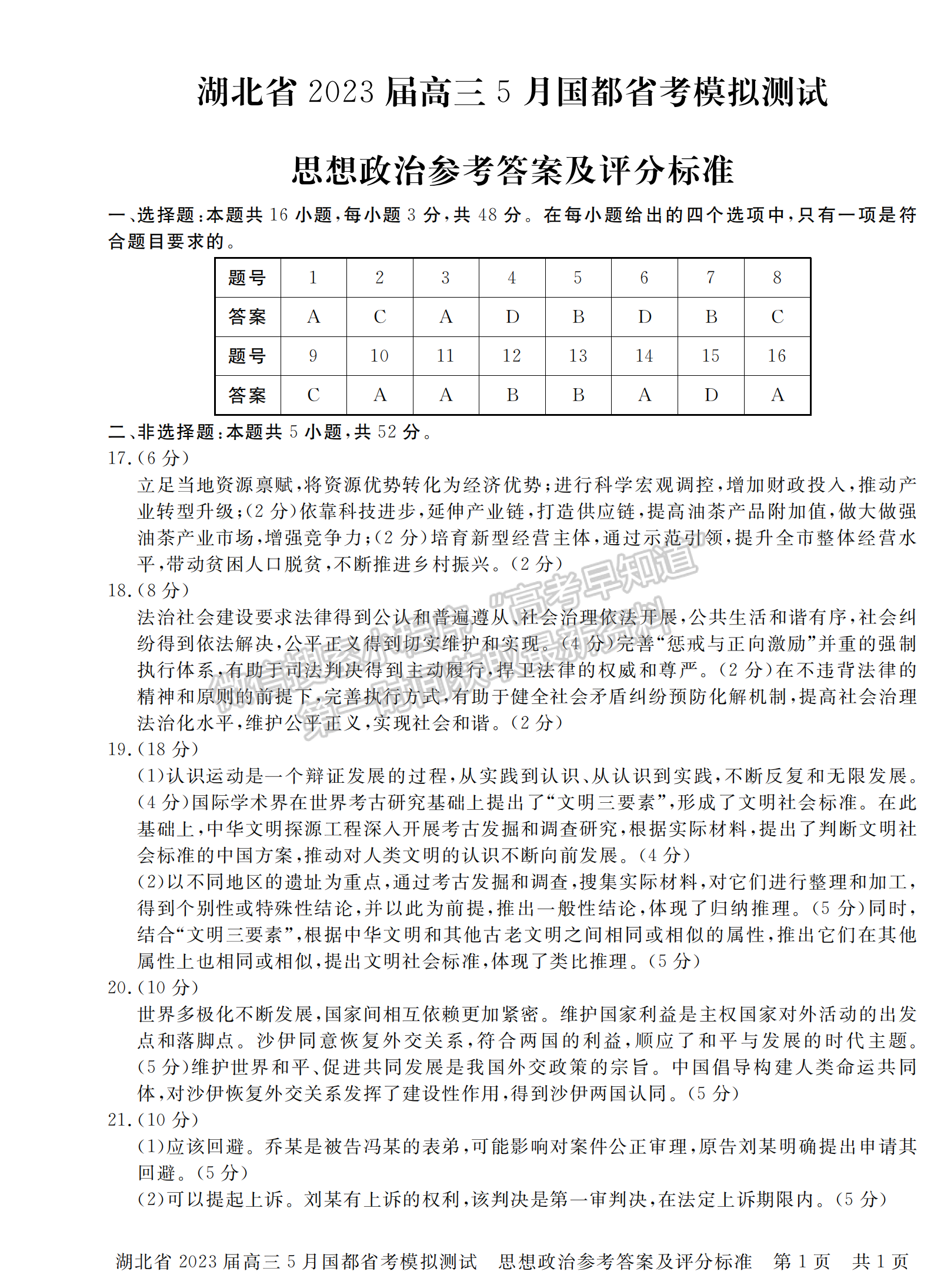 湖北省2023屆高三5月國都省考模擬測試政治試卷及參考答案