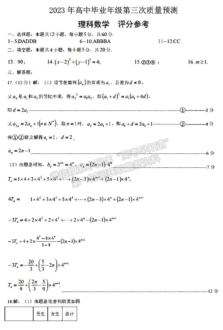 2023年鄭州市高中畢業(yè)年級(jí)第三次質(zhì)量預(yù)測理數(shù)試題及參考答案