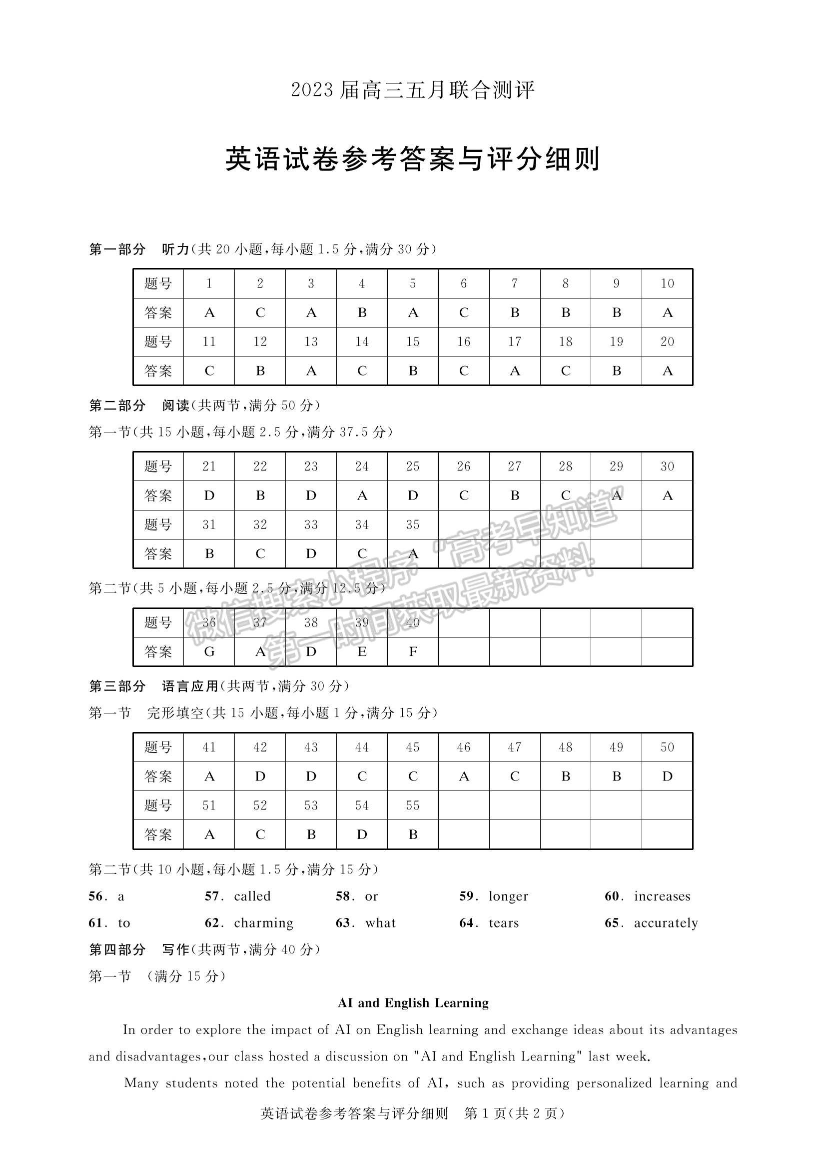 2023屆湖北省圓創(chuàng)高三五月聯(lián)合測(cè)評(píng)英語(yǔ)試卷及參考答案