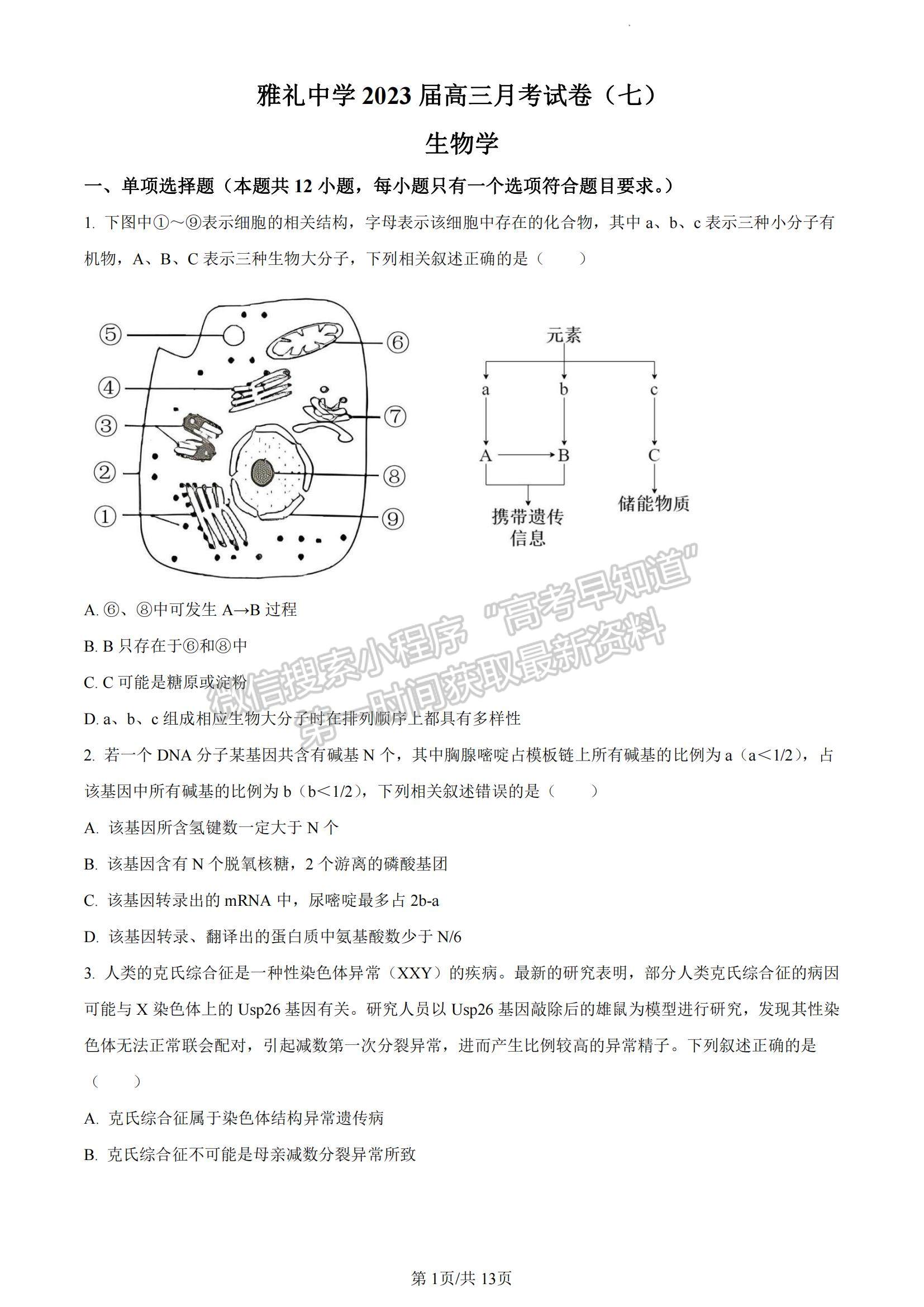 2023湖南省長(zhǎng)沙市雅禮中學(xué)高三下學(xué)期月考試卷（七）生物試題及參考答案