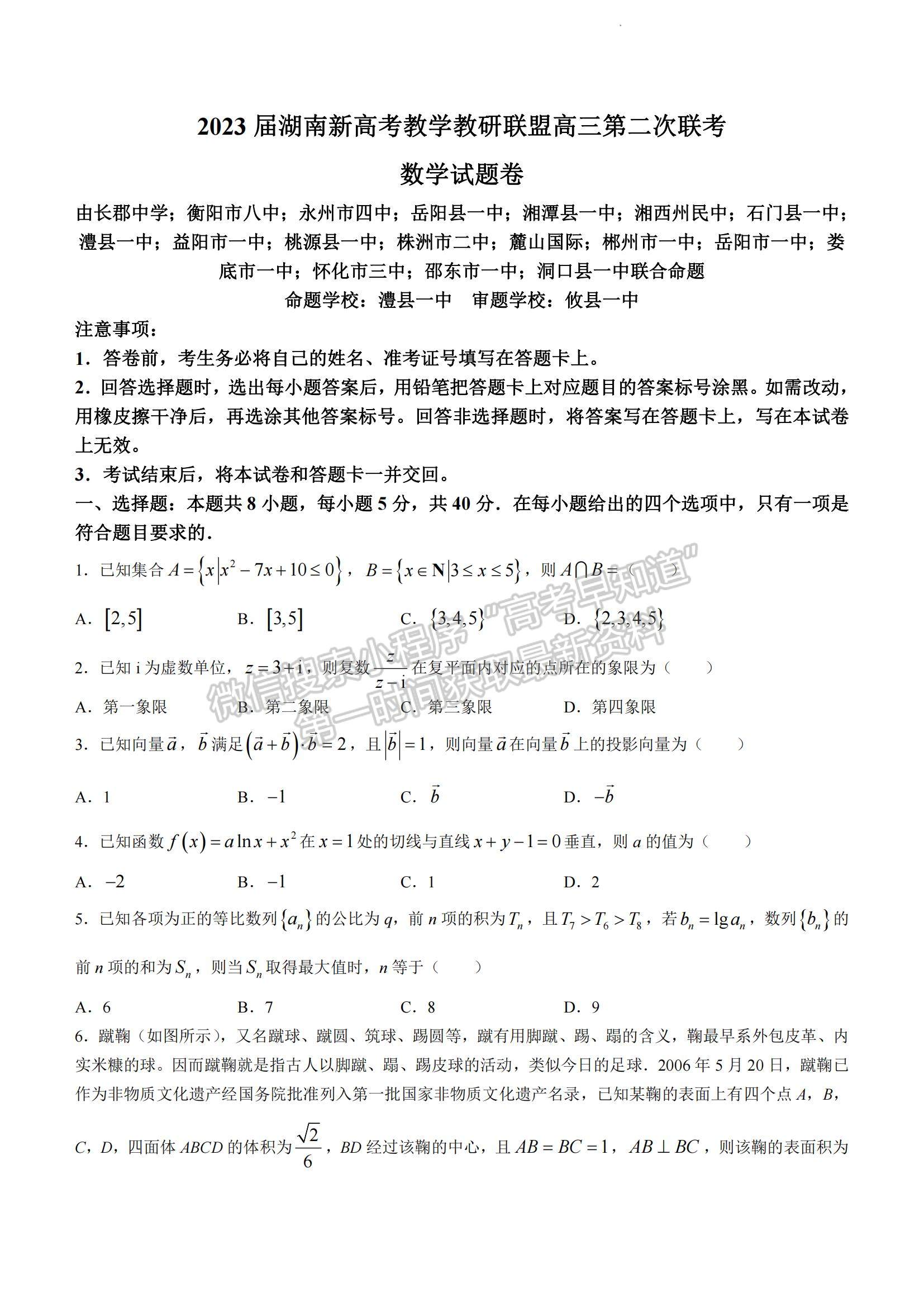 2023湖南省十八校教研联盟考试高三4月期中考试数学试题及参考答案