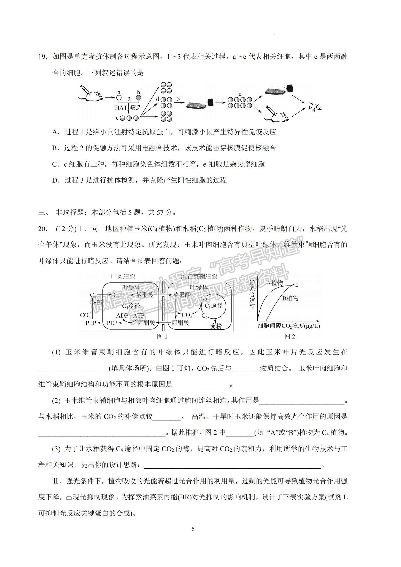 2023江蘇省南京師范大學(xué)附屬中學(xué)高三一模適應(yīng)性考試生物試題及參考答案