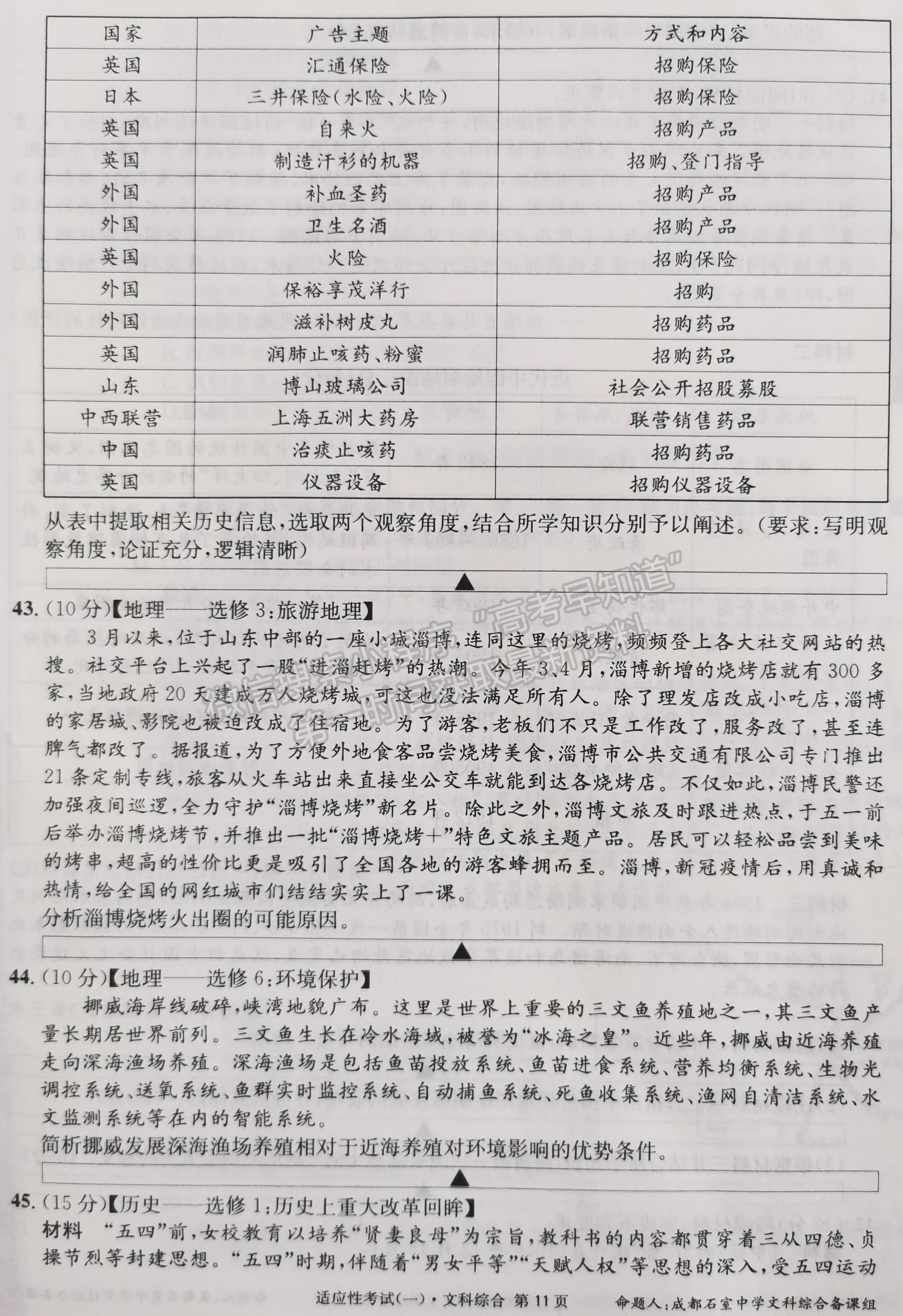 2023成都石室中学高2023届高考适应性考试（一）文科综合试题及答案