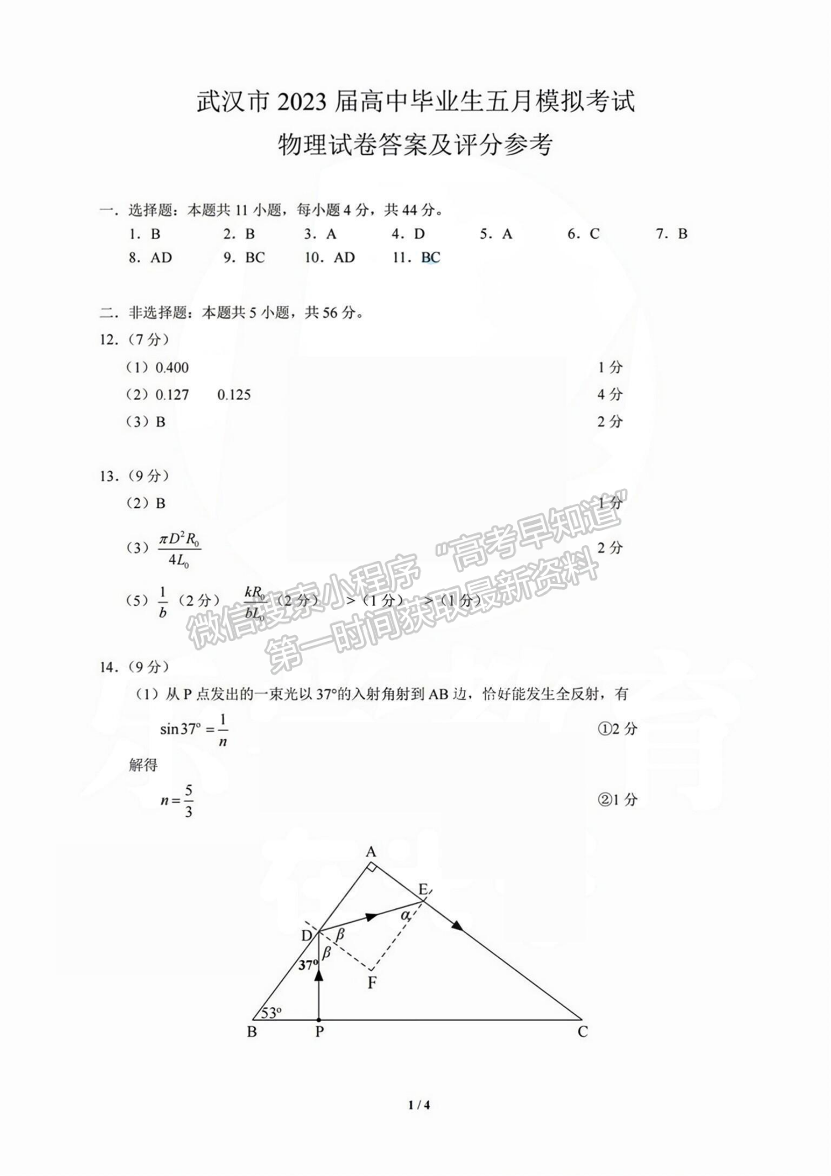 2023年武汉市高三五月模拟训练物理试卷及参考答案