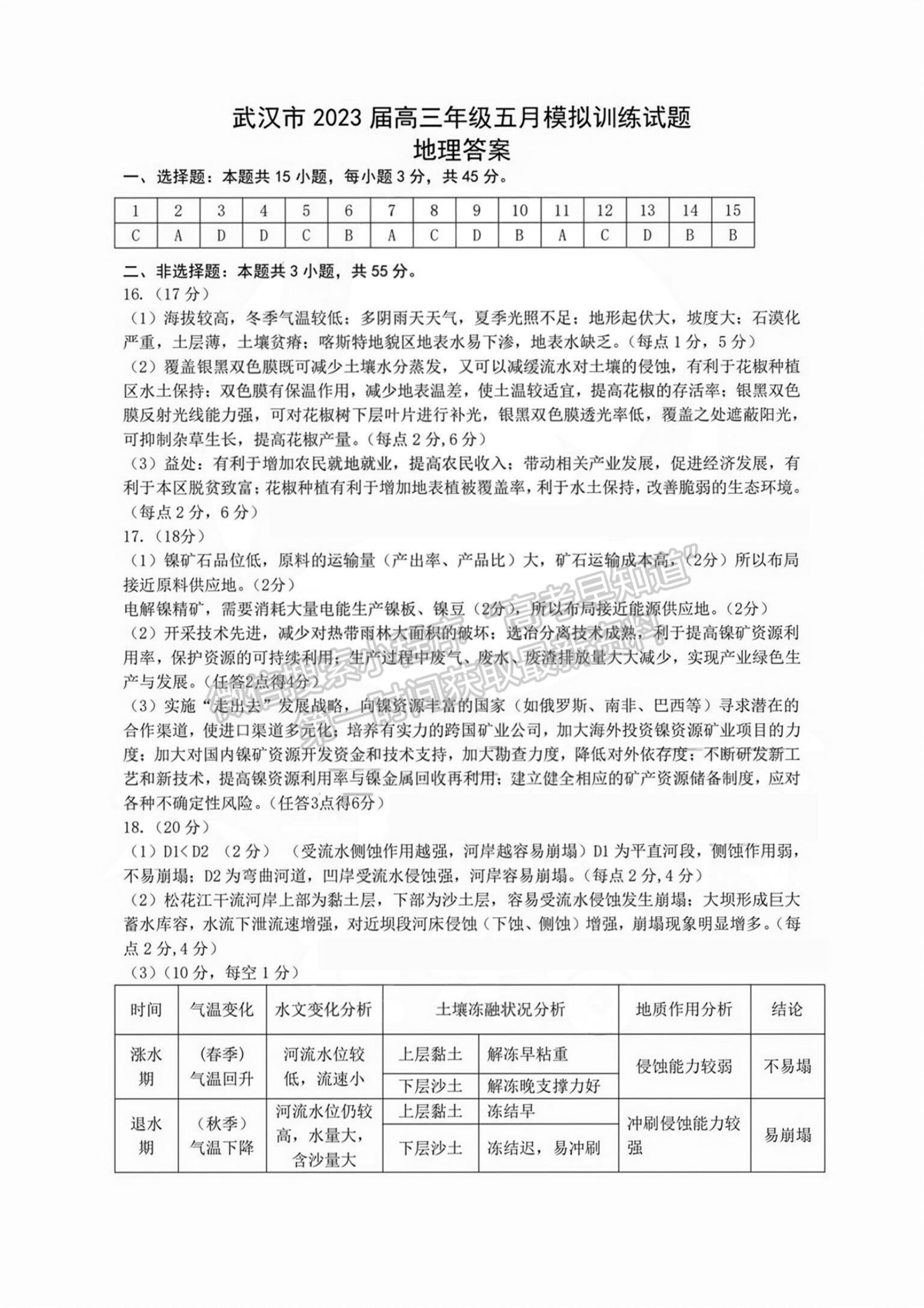 2023年武汉市高三五月模拟训练地理试卷及参考答案