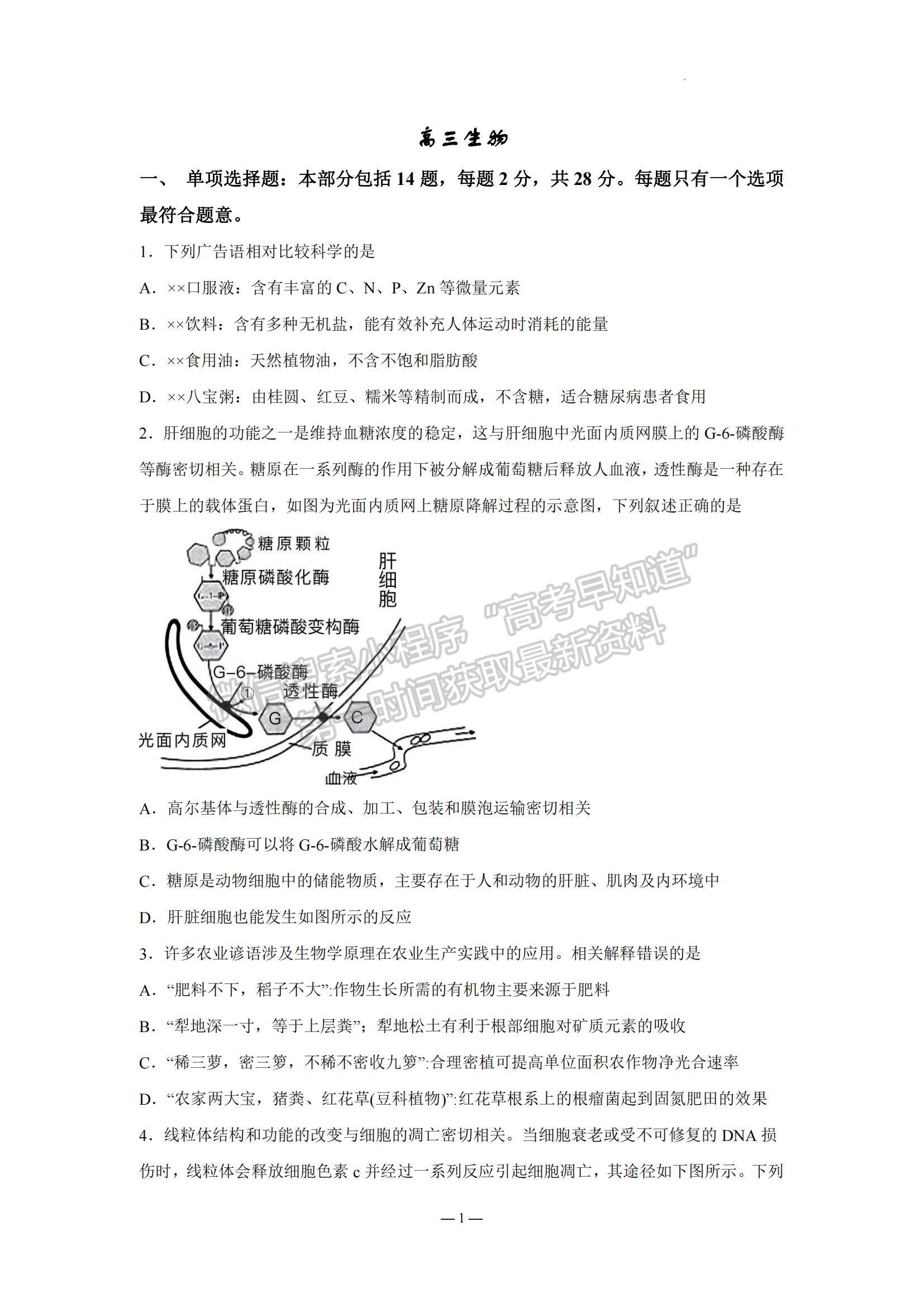 2023江蘇省南京市中華中學(xué)、南京師范大學(xué)附屬中學(xué)江寧分校等2校高三一模生物試題及參考答案