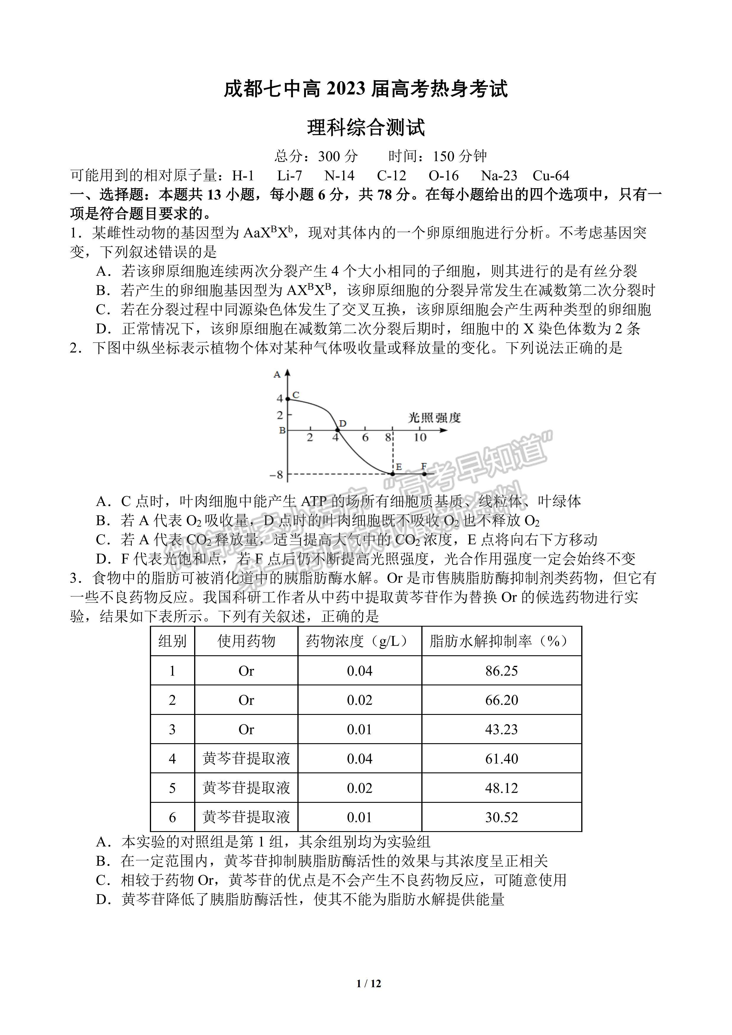 2023届四川省成都市第七中学高三热身考试理科综合试题及答案