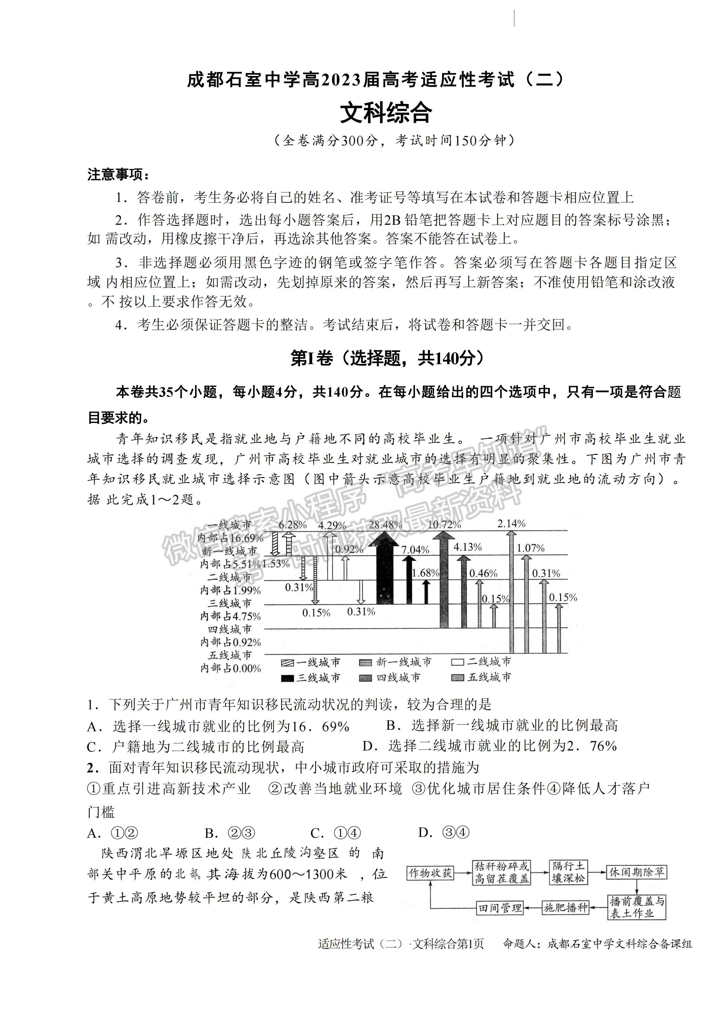 2023成都石室中學高2023屆高考適應性考試（二）文科綜合試題及答案