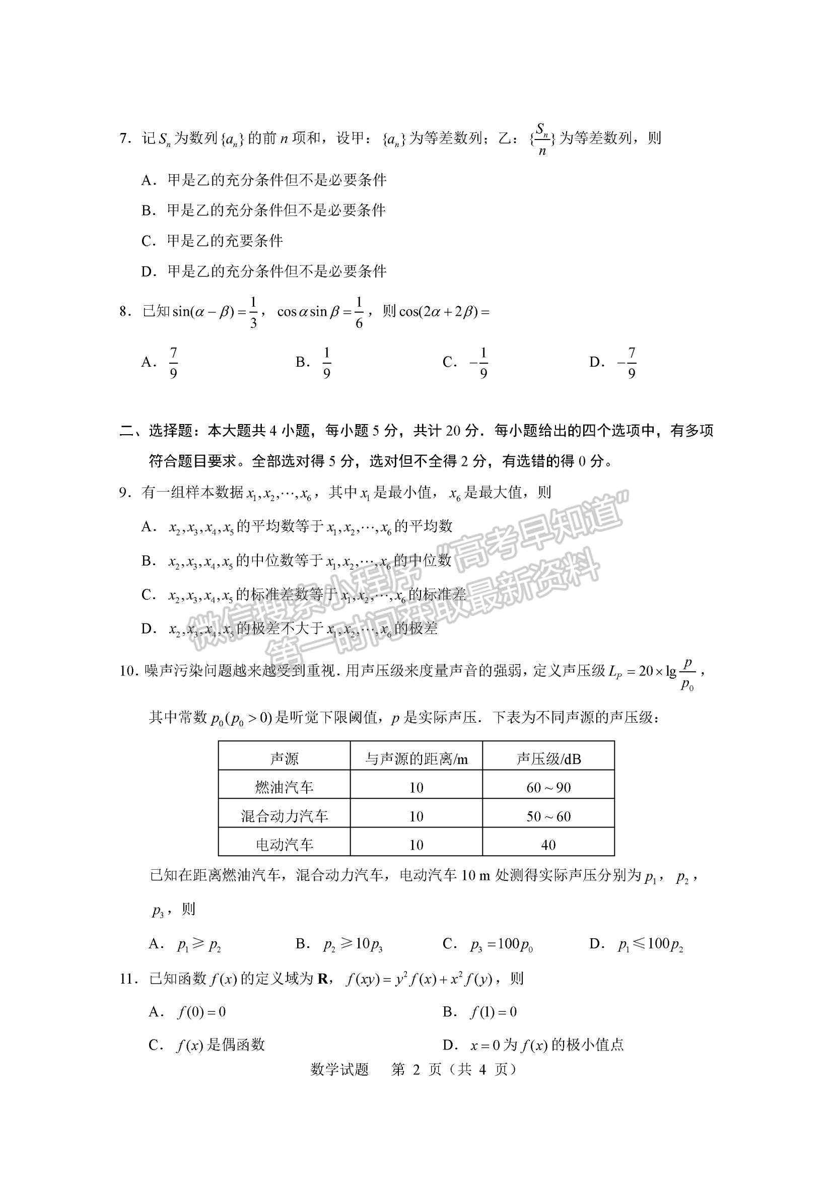 2023年山東省普通高中學(xué)業(yè)水平等級考試數(shù)學(xué)試題及參考答案