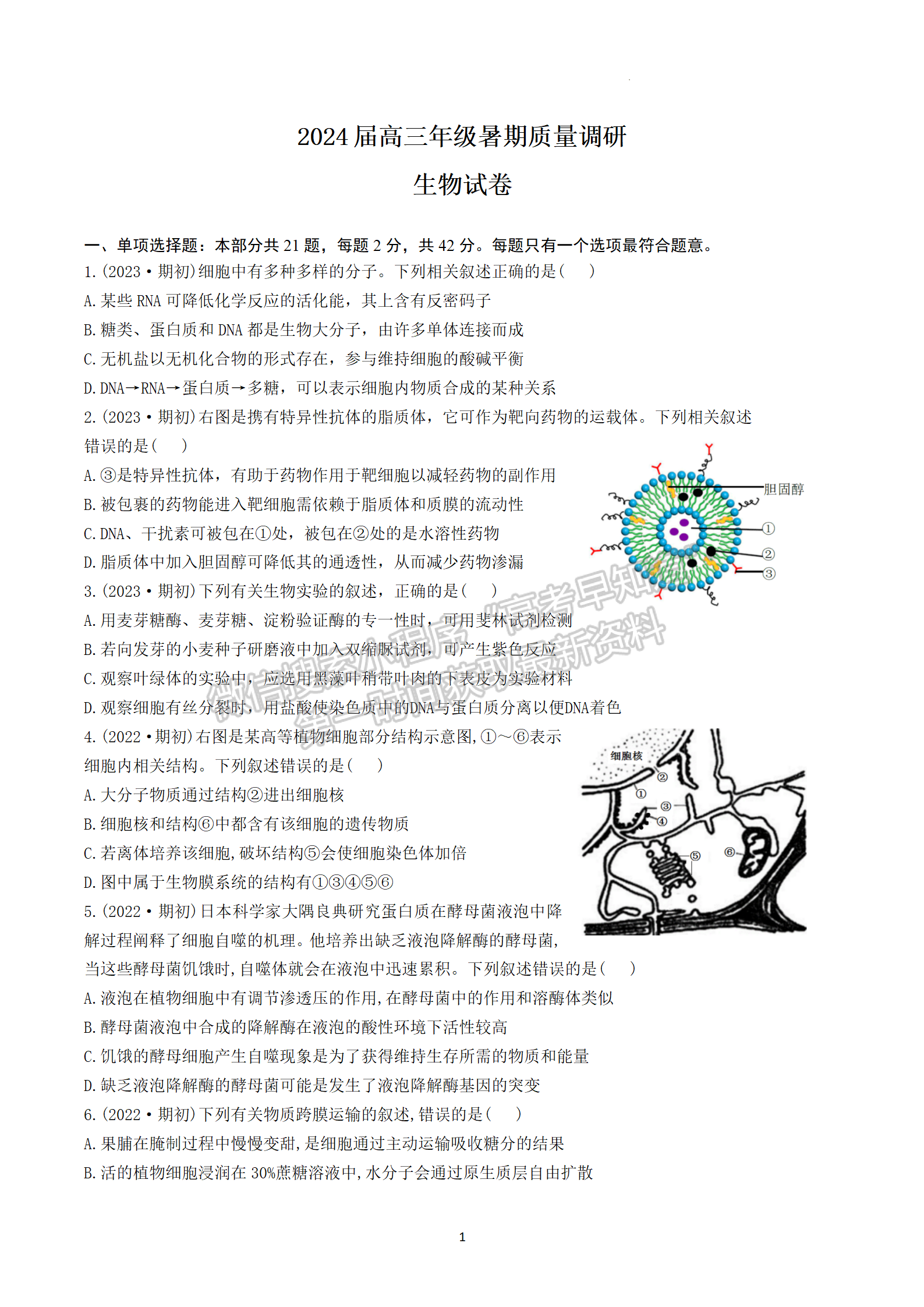 2024江蘇省南京九中（東大附中）高三暑期質(zhì)量調(diào)研生物試題及答案