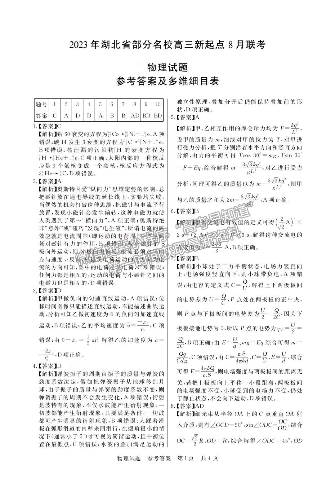 2023年湖北省部分名校高三新起點8月聯(lián)考物理試卷及參考答案