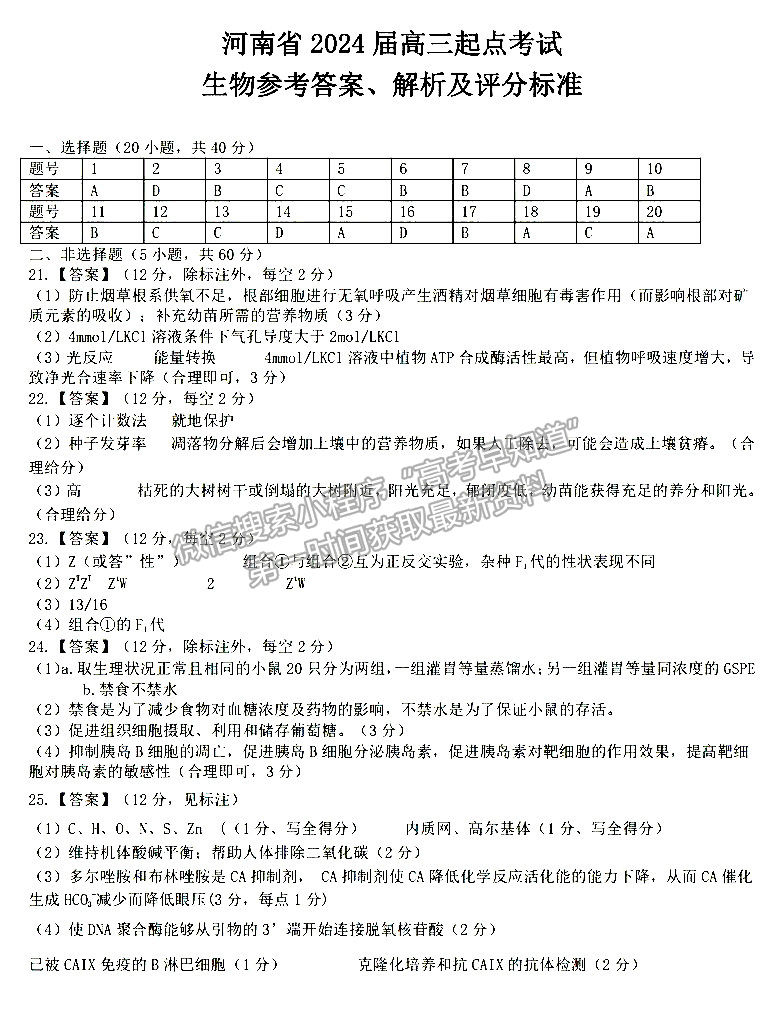 河南省2024屆高三起點考試生物試卷及參考答案