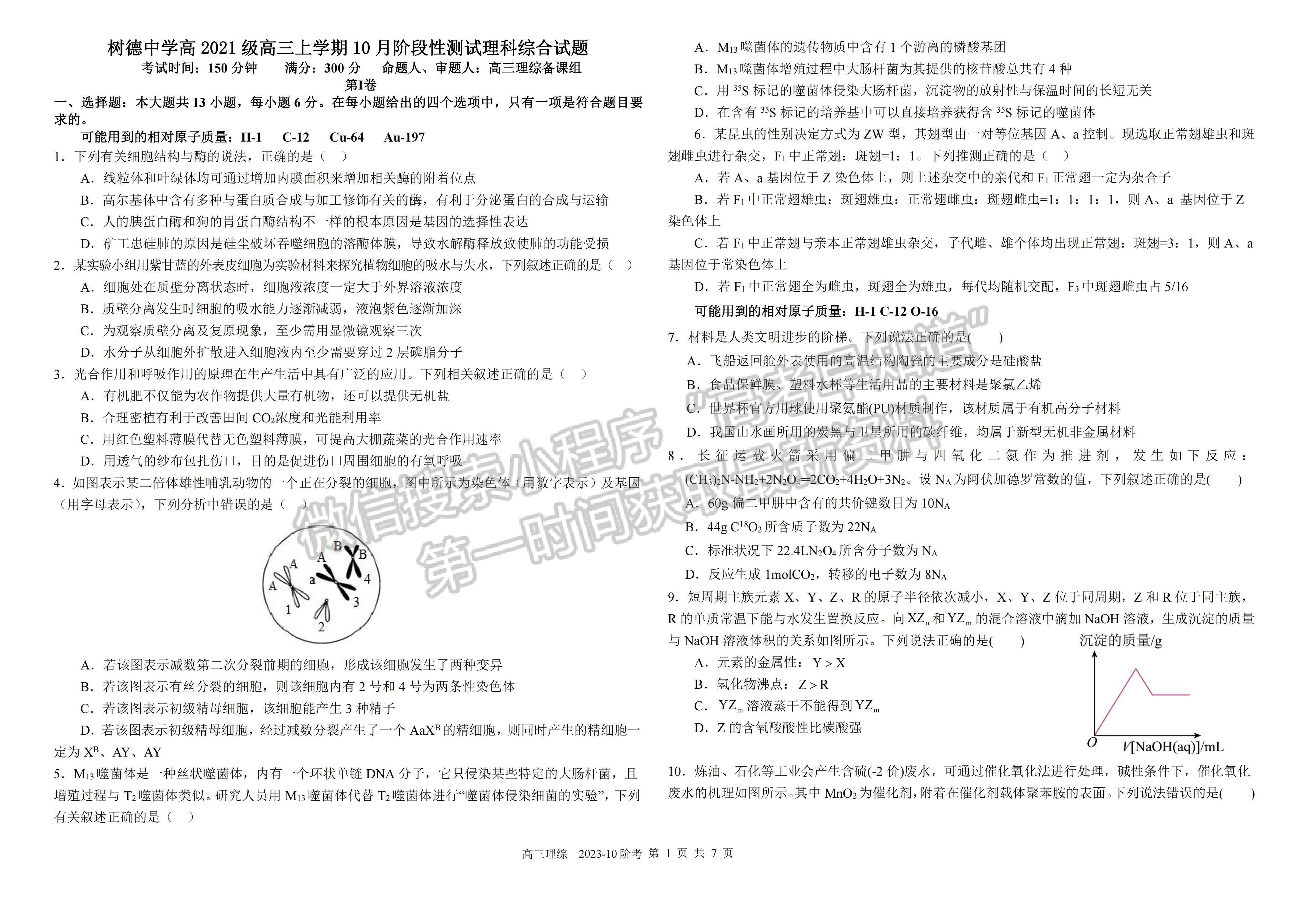 ??2024四川省樹德中學(xué)高2021級高三上學(xué)期10月階段性測試?yán)砜凭C合試題及答案