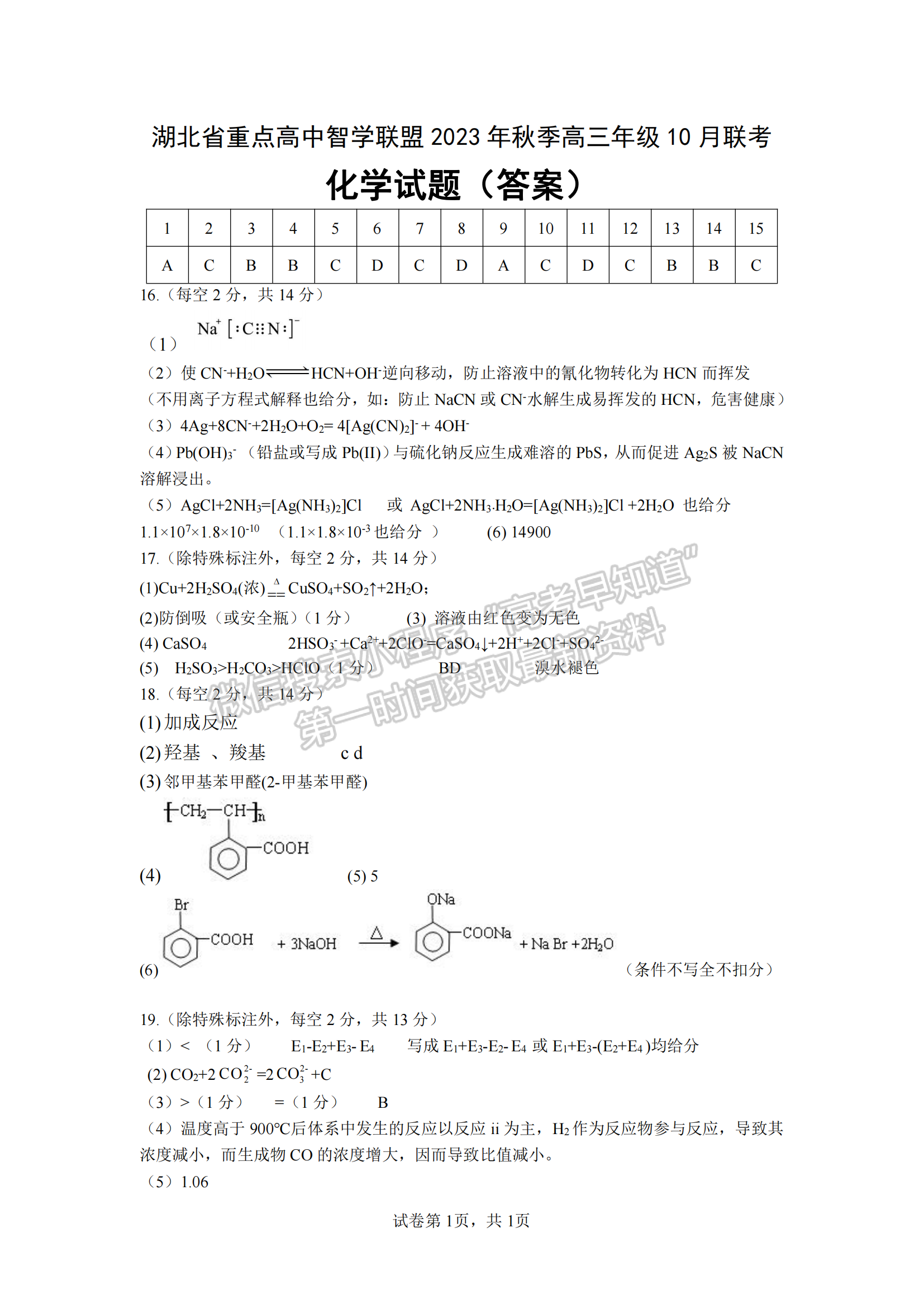 2023學(xué)年湖北重點中學(xué)智學(xué)聯(lián)盟高三10月聯(lián)考化學(xué)試卷及答案