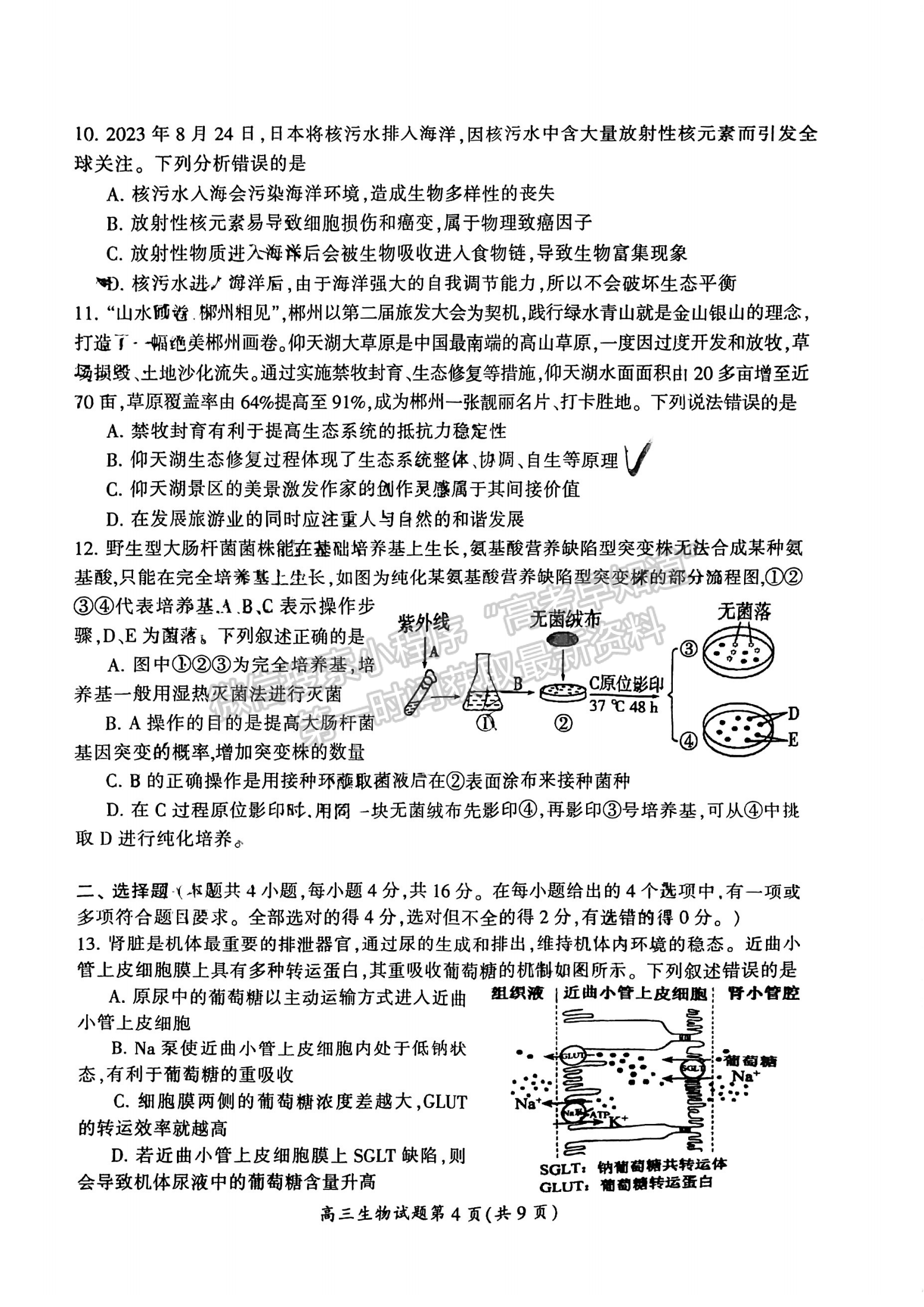 郴州市2024届高三第一次教学质量监测试卷 生物