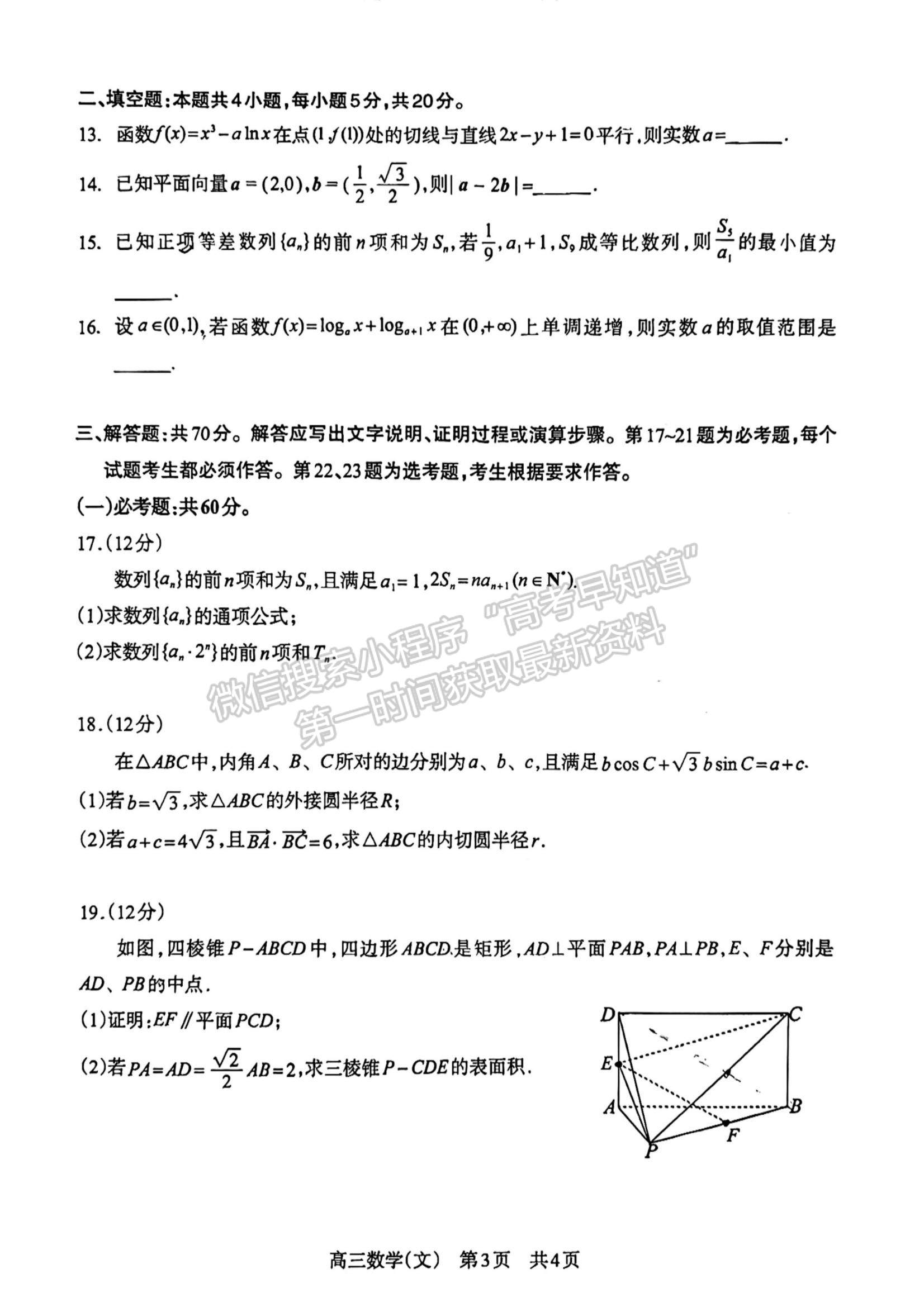 2024四川省攀枝花市2024届高三第一次统一考试文数试卷及答案