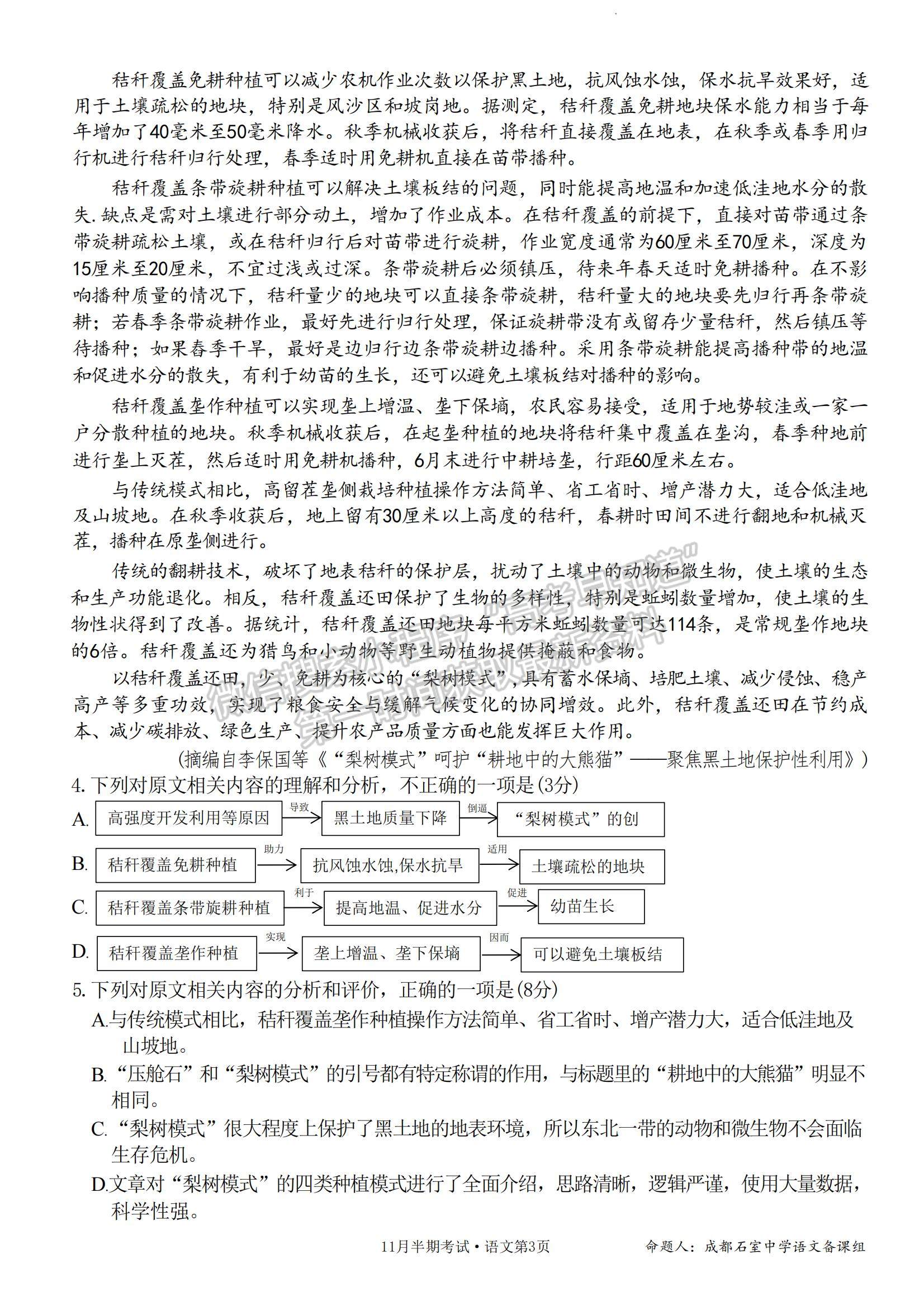 四川省成都市石室中學(xué)2023-2024學(xué)年高三上學(xué)期11月半期考試語(yǔ)文試卷及參考答案