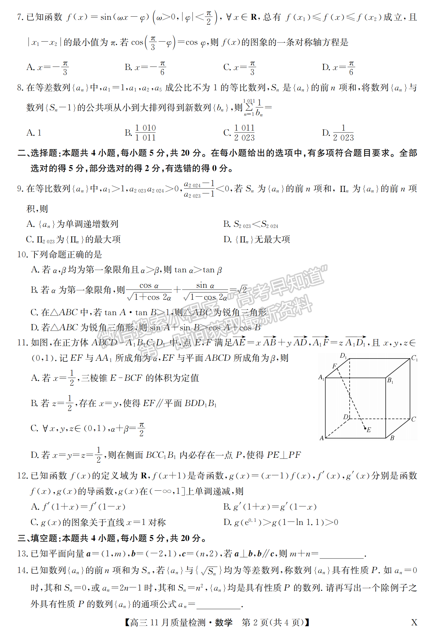 2024屆湖北九師聯(lián)盟高三11月質(zhì)量檢測(cè)數(shù)學(xué)試題及答案