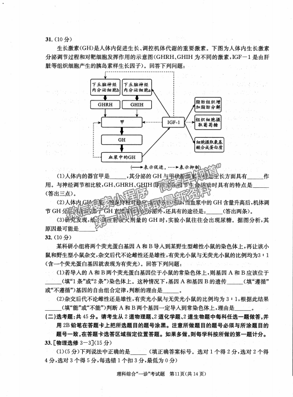 2024四川省成都市2021级高中毕业班第一次诊断性检测l理综试题及参考答案