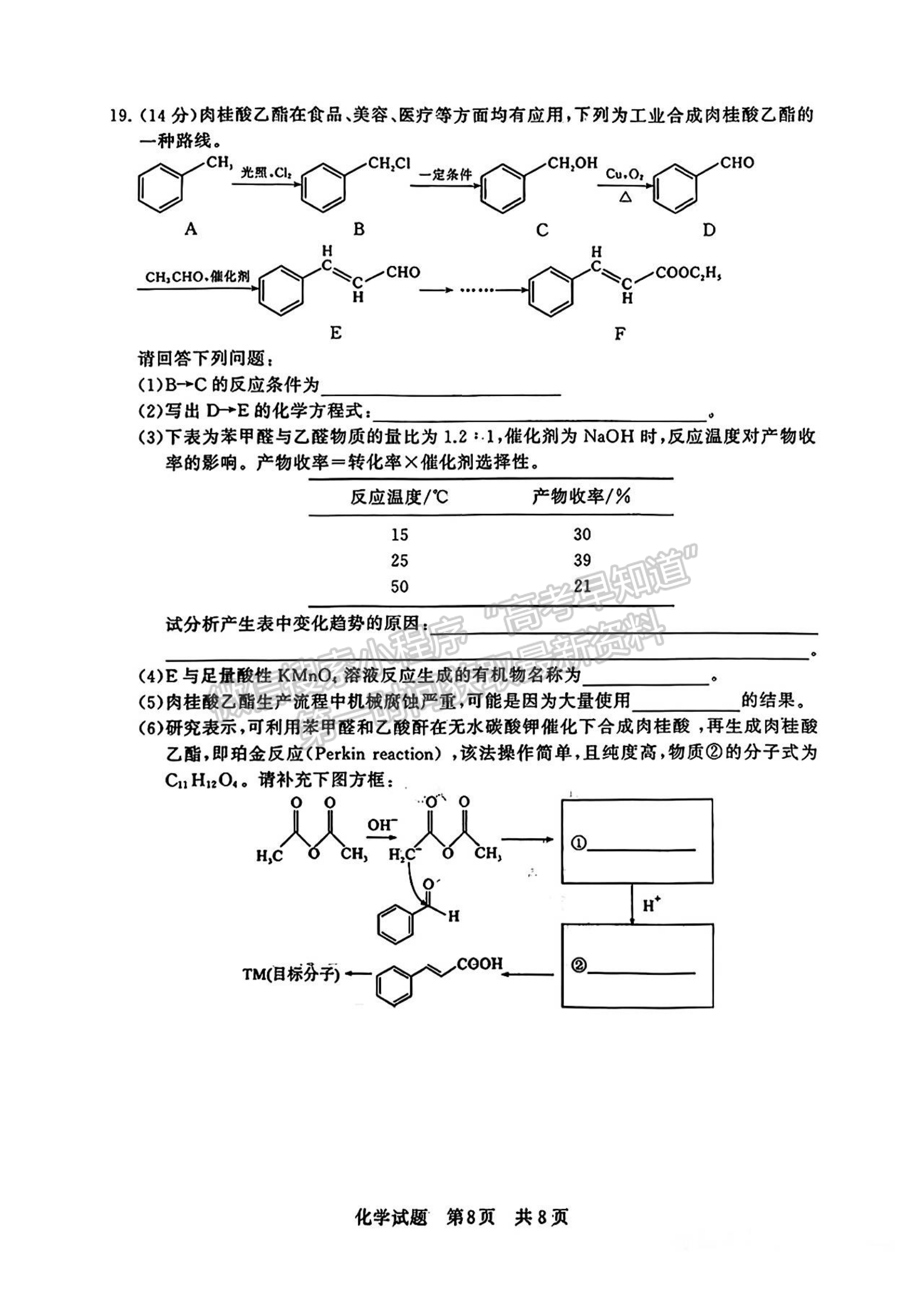 2024届八省高三第一次学业质量评价（T8联考）化学试题及答案