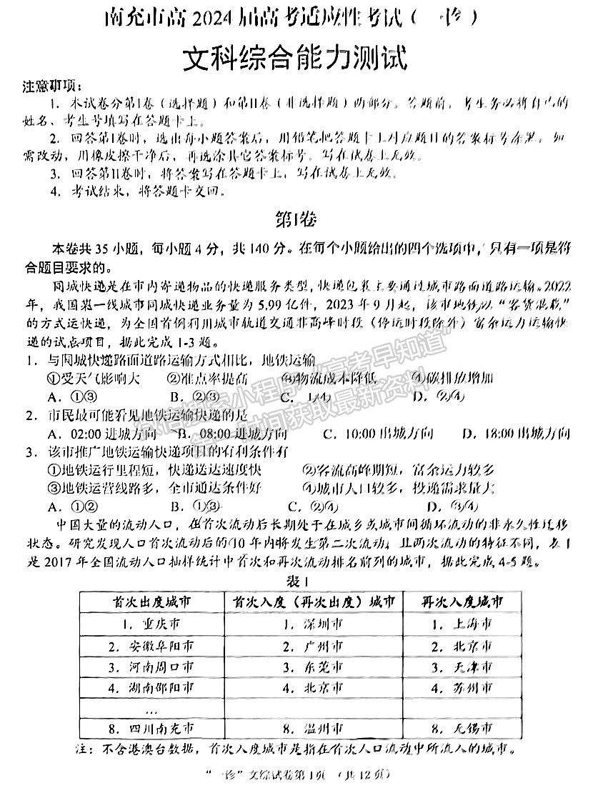 2024四川省南充市高2024屆高考適應性考試（一診）文綜試題及參考答案