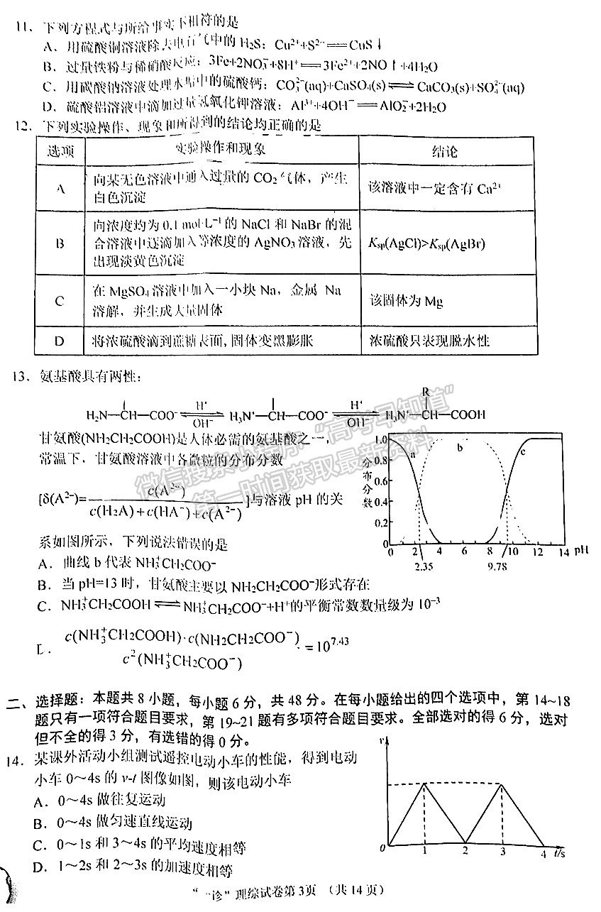 2024四川省南充市高2024屆高考適應(yīng)性考試（一診）理綜試題及參考答案