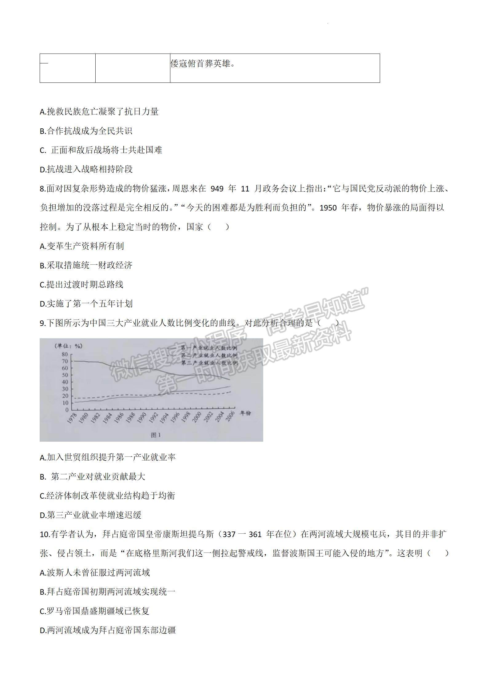 2024新高考七省聯(lián)考【安徽卷】歷史試題及參考答案