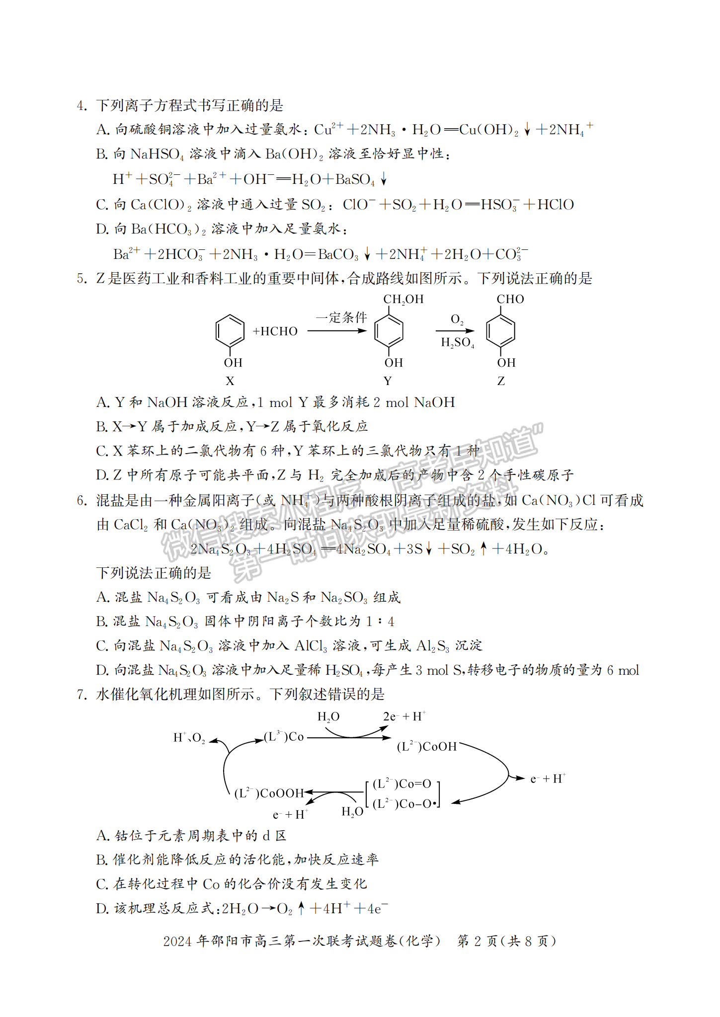 2024屆湖南省邵陽市高三第一次聯(lián)考化學試題及答案