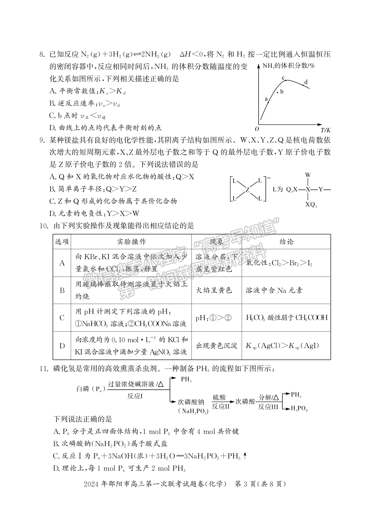 2024屆湖南省邵陽市高三第一次聯(lián)考化學試題及答案