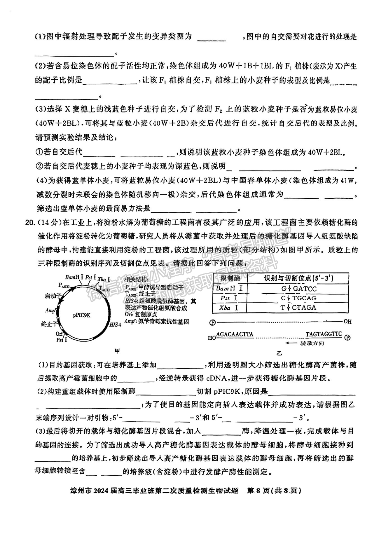 2024漳州二检生物试卷及答案