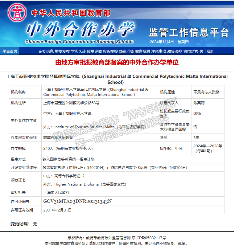 上海工商职业技术学院2024年马耳他国际学院