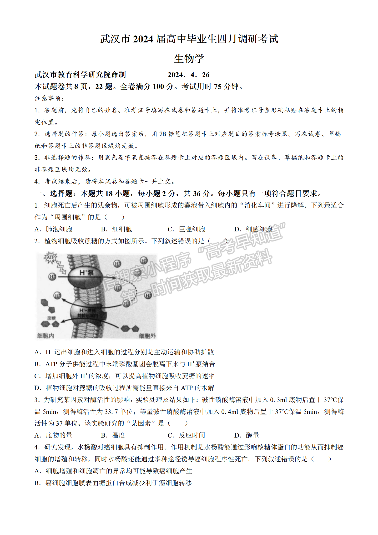 2024届湖北省武汉市高三4月调研考试生物试题及答案