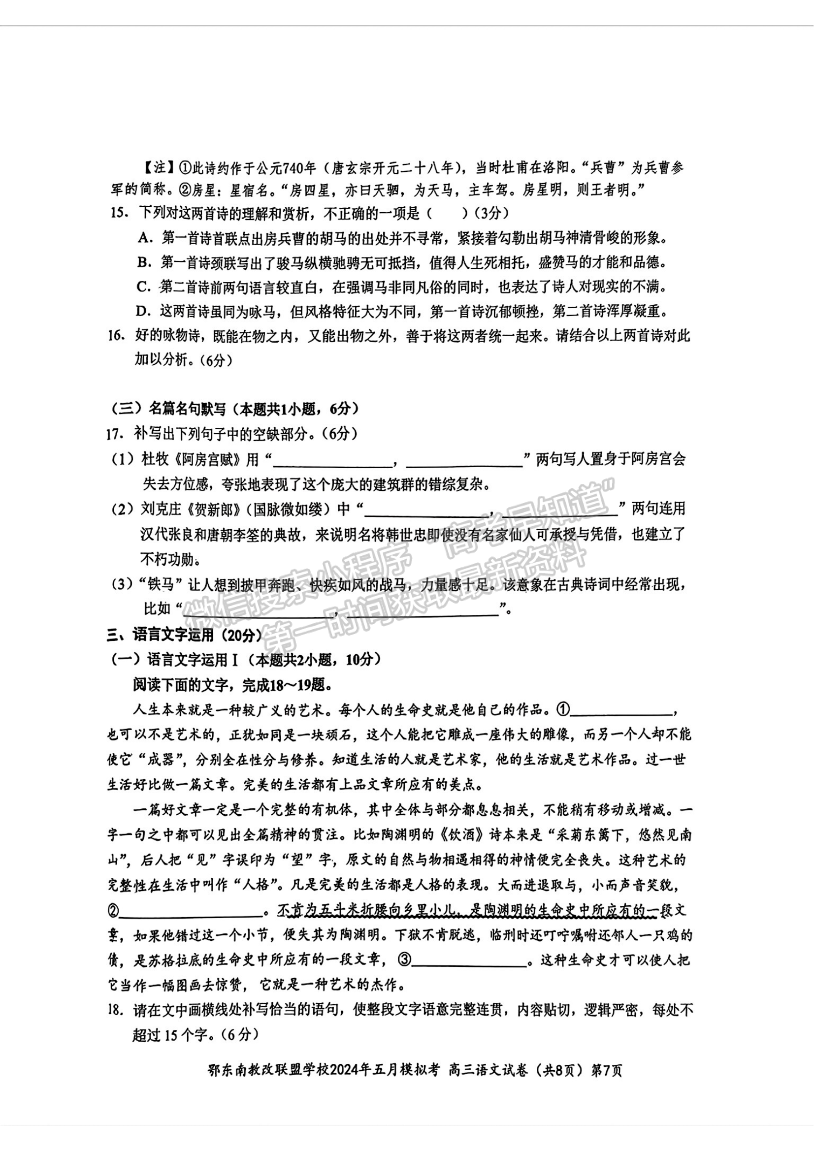 2024屆湖北省鄂東南省級(jí)示范聯(lián)盟學(xué)校高三5月聯(lián)考語文試題及答案