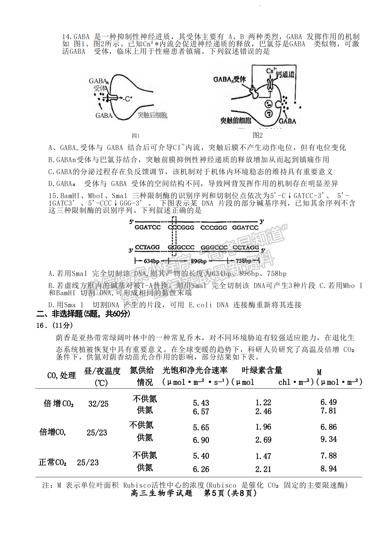 2024届厦门5月质检（5月7日-9日）生物试卷及参考答案