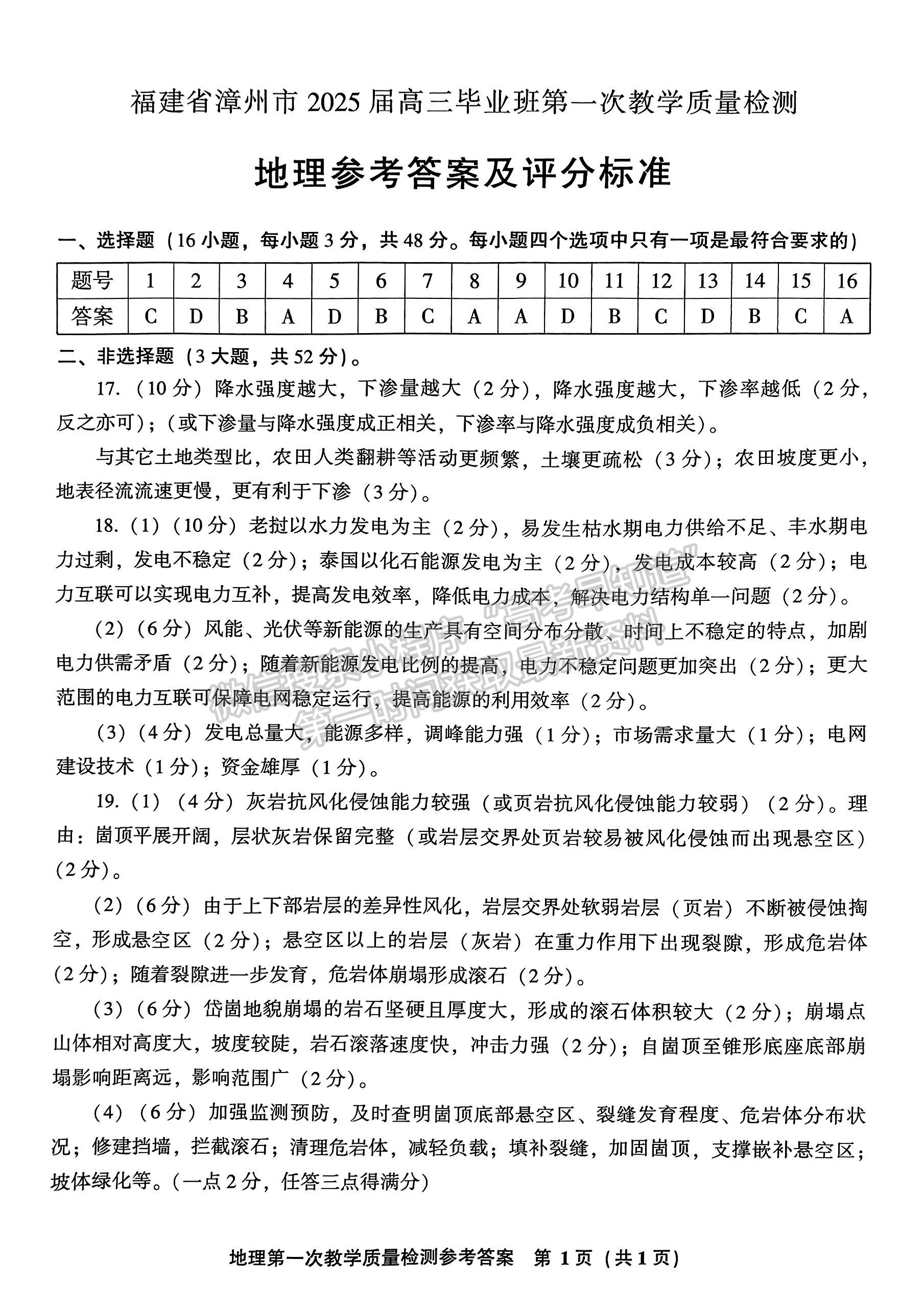 2025届漳州一检（9月13日-14日）地理试卷及答案