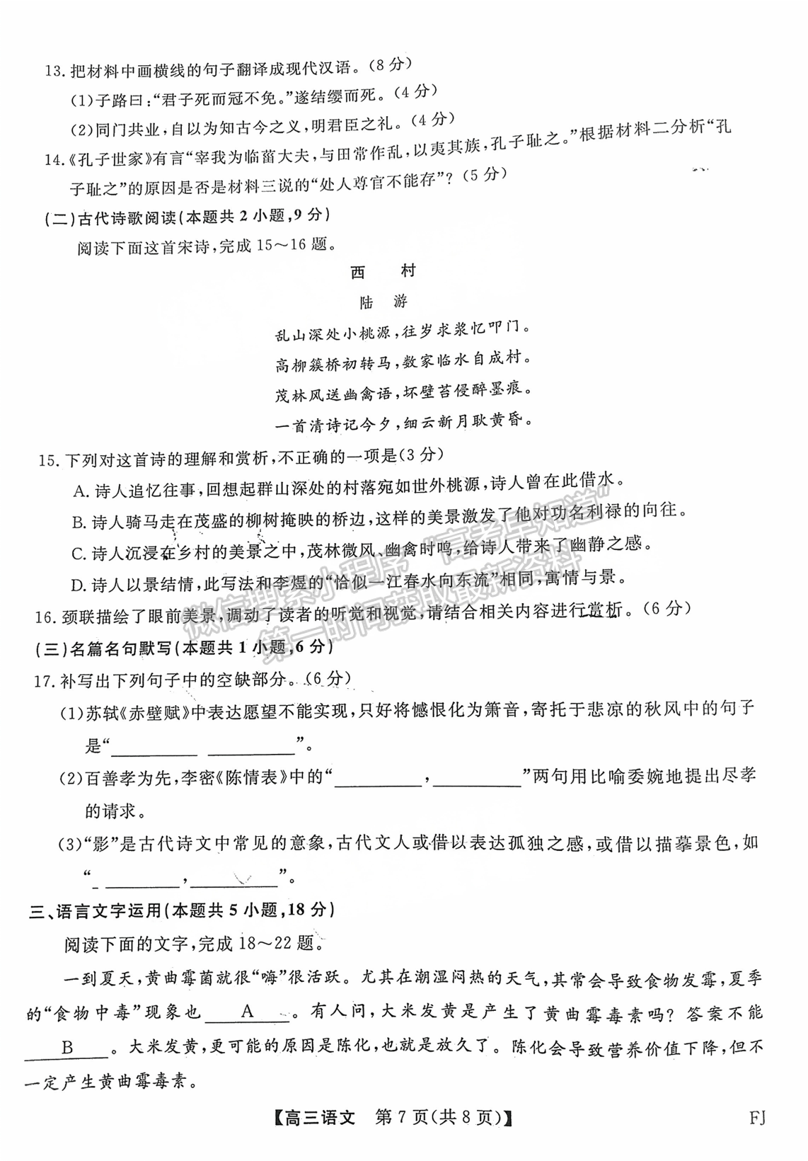 福建省百校聯(lián)考2024-2025學年高三上學期語文試卷及參考答案