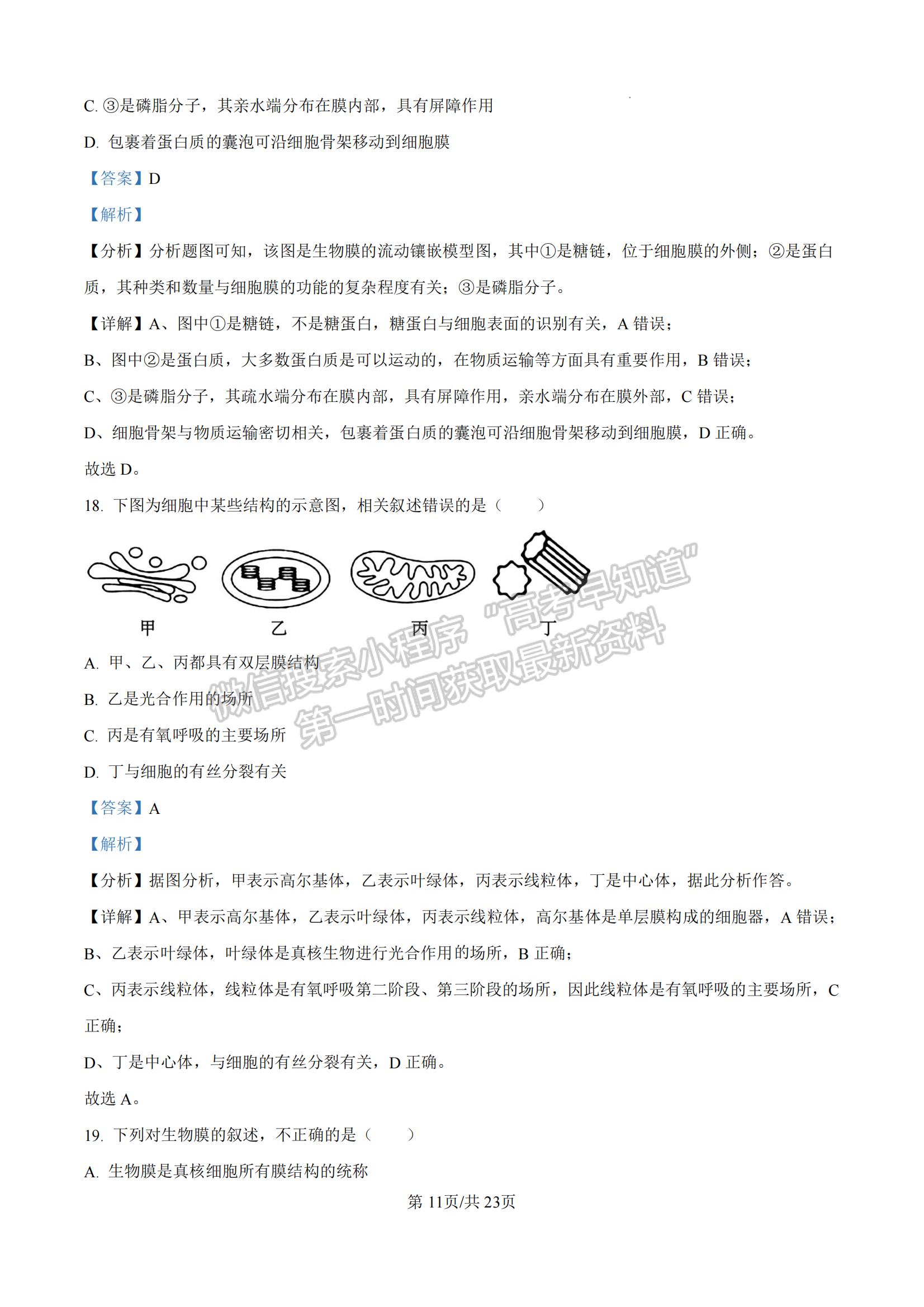  龙岩市一级校联盟高一第一学期半期考联考生物试卷及参考答案