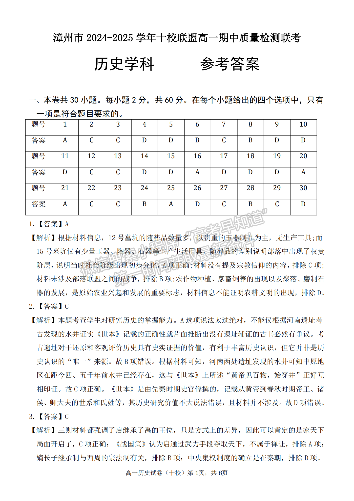 福建省漳州市十校聯(lián)盟2024-2025學(xué)年高一上學(xué)期期中聯(lián)考?xì)v史試題及參考答案