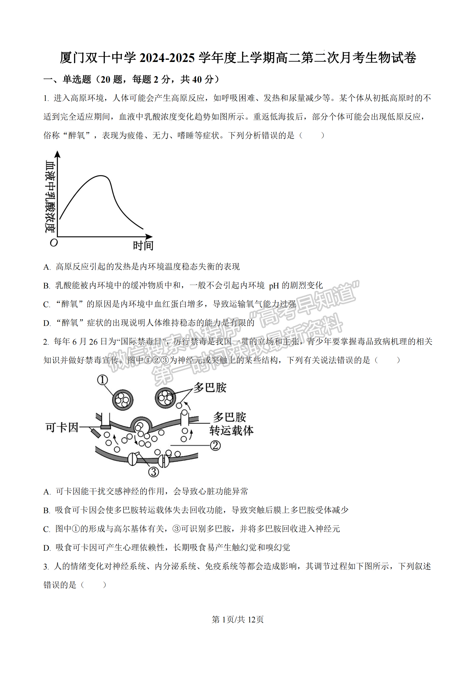 福建省厦门双十中学2024-2025学年高二上学期第二次月考生物试题及参考答案